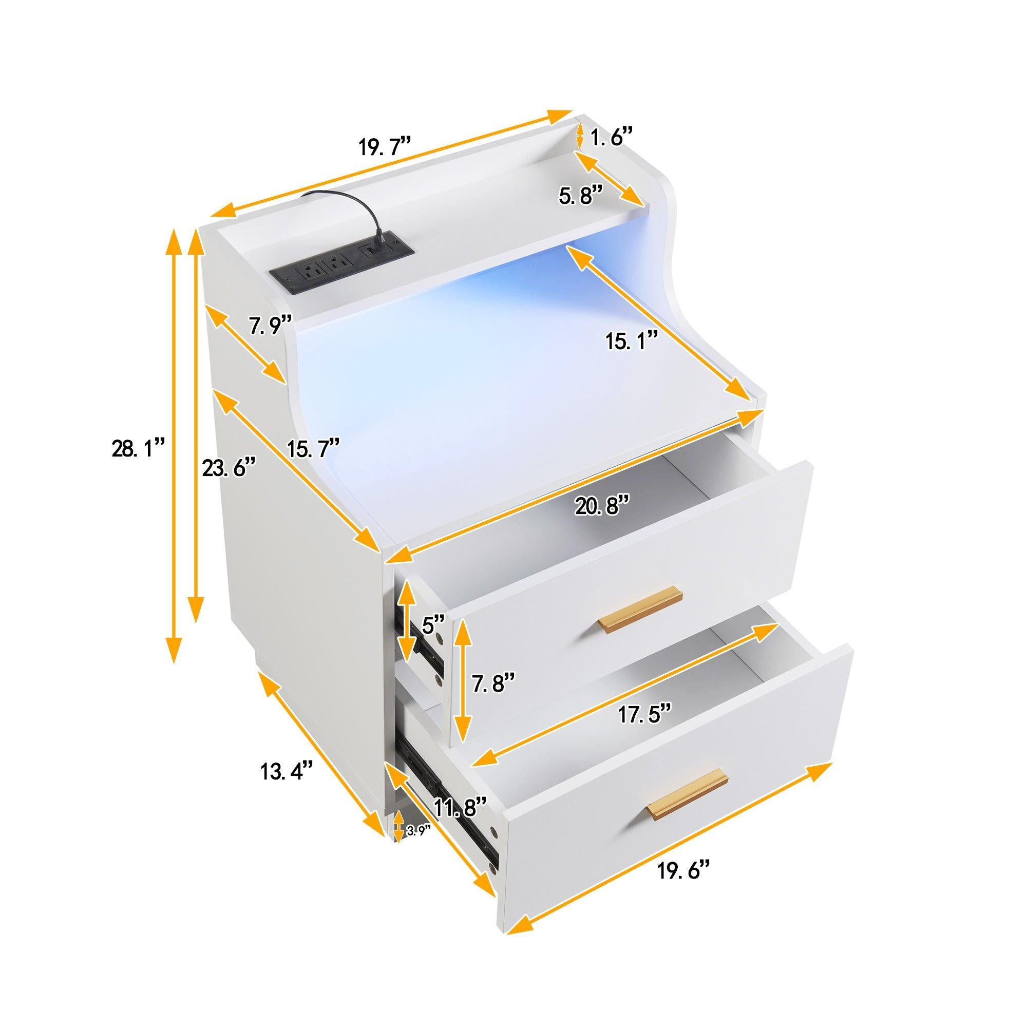 Multifunctional Nightstand with 2 Drawers, Shelf with USB Charging Design and Color-Changing LED, White