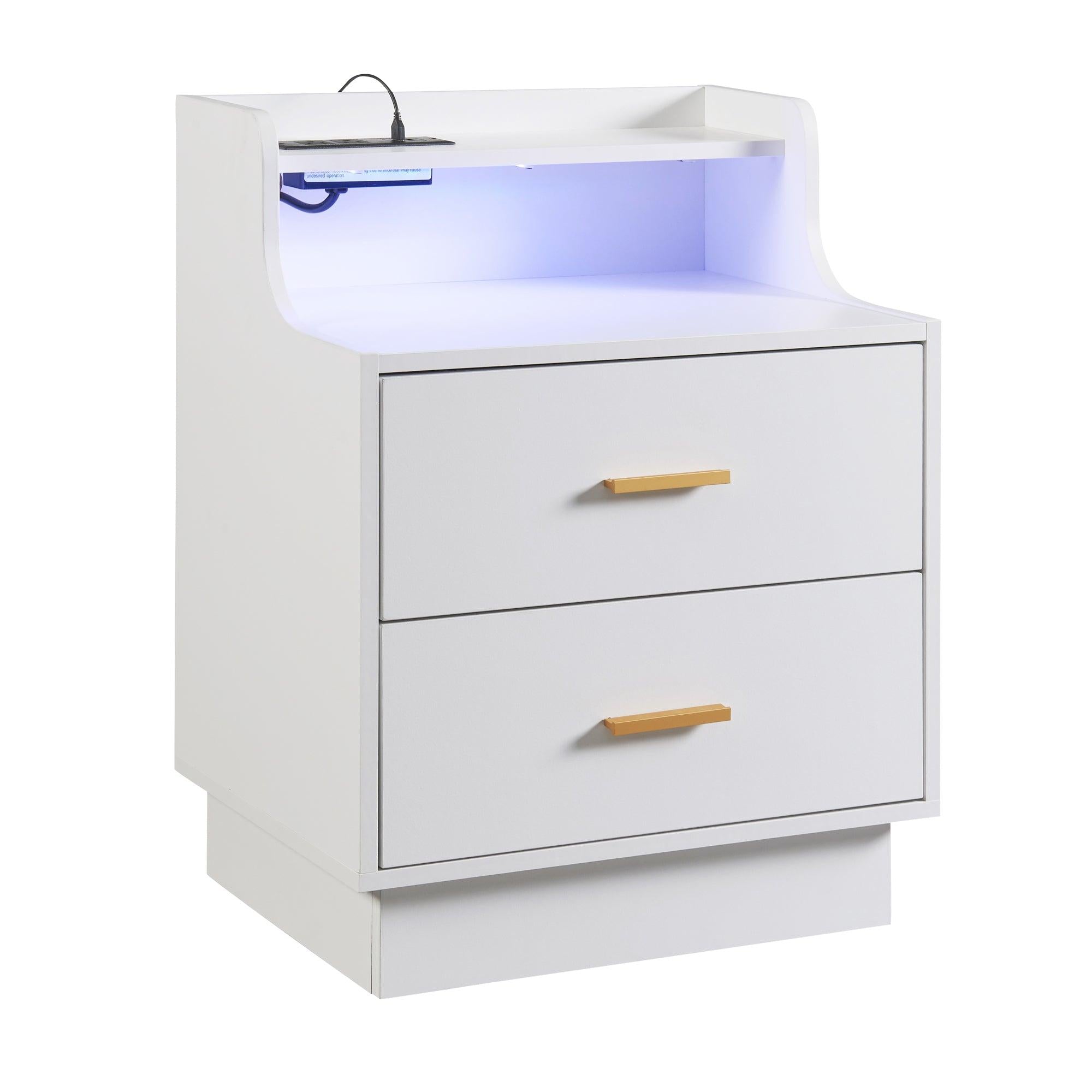 Multifunctional Nightstand with 2 Drawers, Shelf with USB Charging Design and Color-Changing LED, White