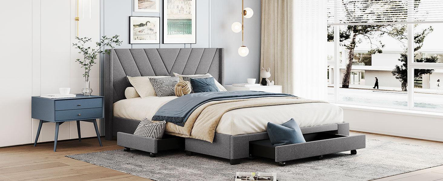 Queen SizeStorage Bed Linen Upholstered Platform Bed with 3 Drawers (Gray)