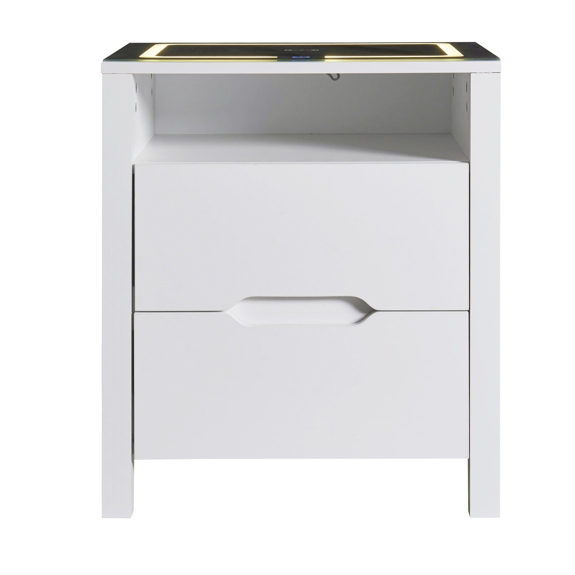 MultifunctionalStorage Nightstand with 2 Drawers and an open shelf, Wireless Charging with adjustable LED, White