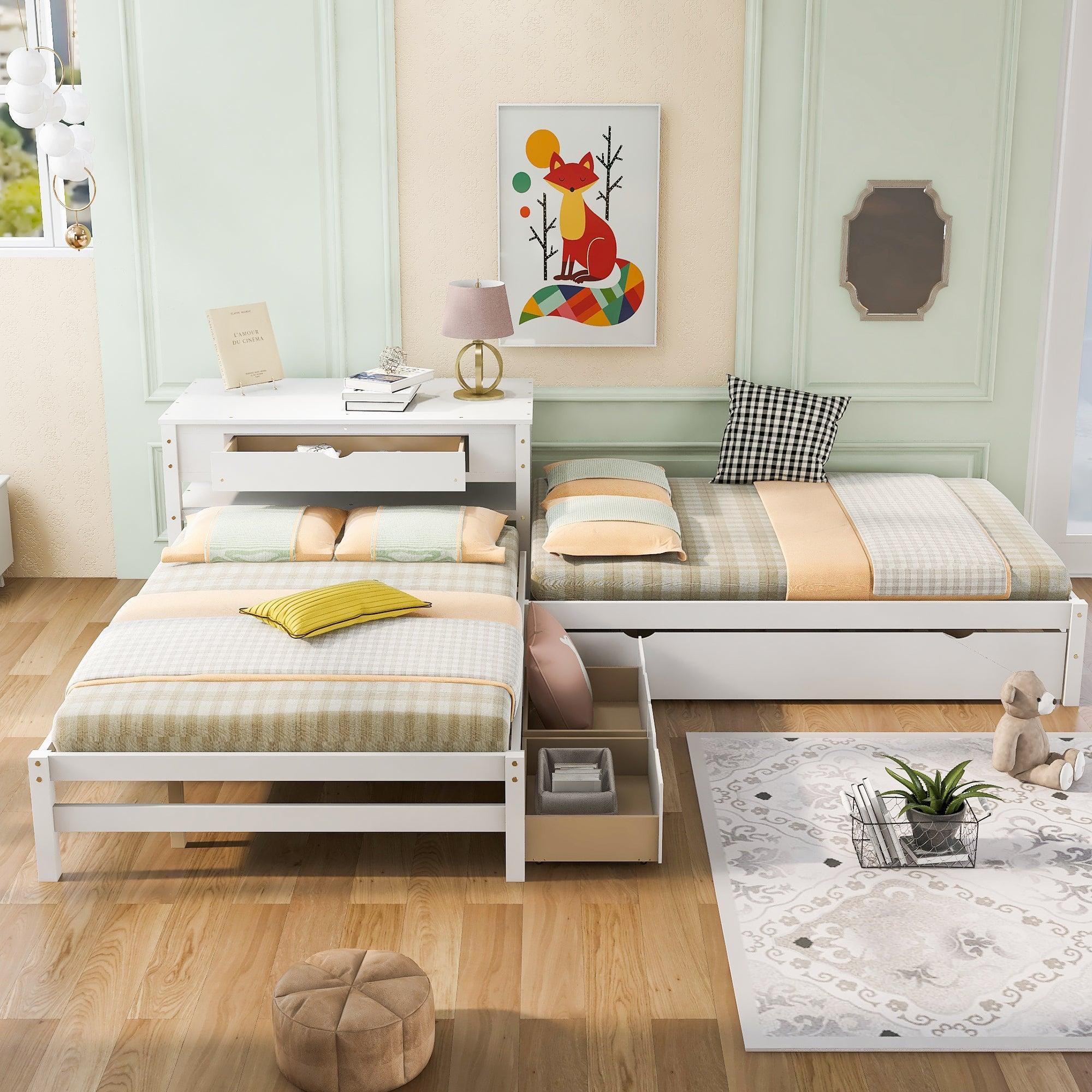 Full Size L-shaped Platform Beds with Twin Size Trundle and Drawers Linked with Built-in Rectangle Table,White