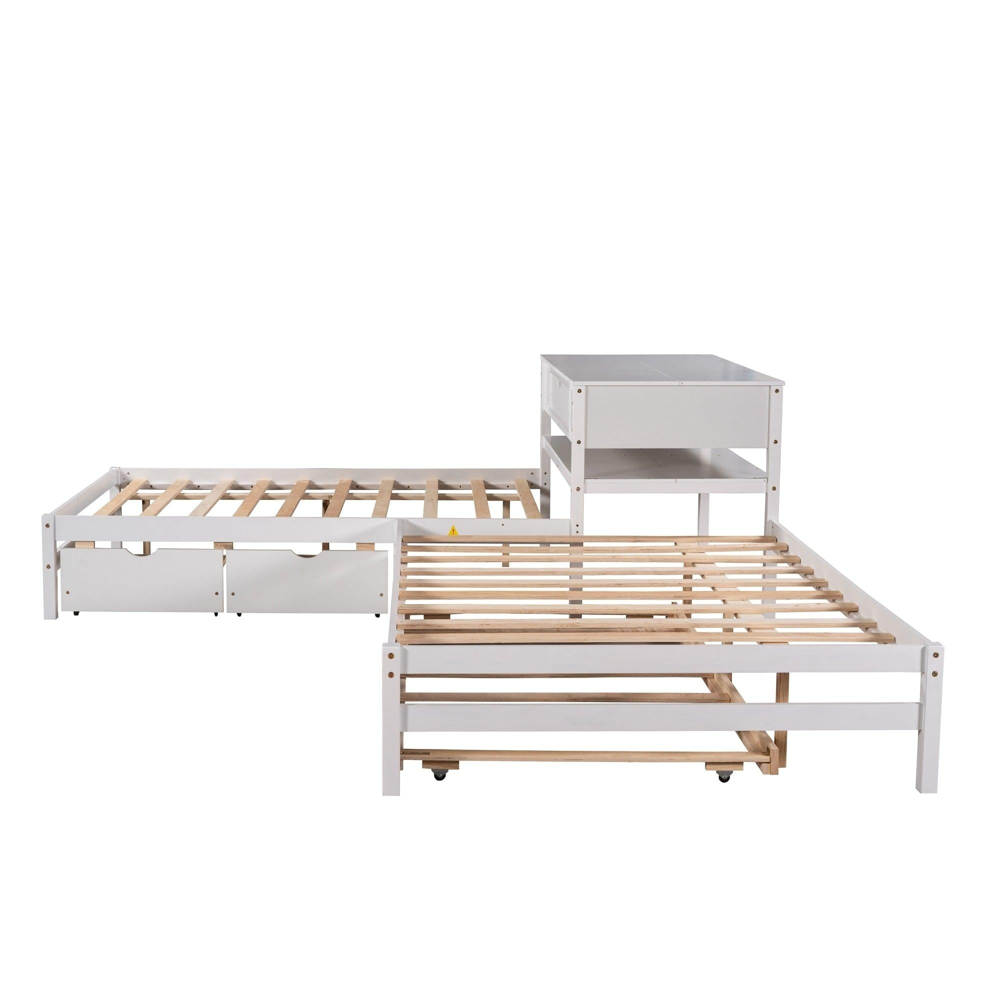 Full Size L-shaped Platform Beds with Twin Size Trundle and Drawers Linked with Built-in Rectangle Table,White