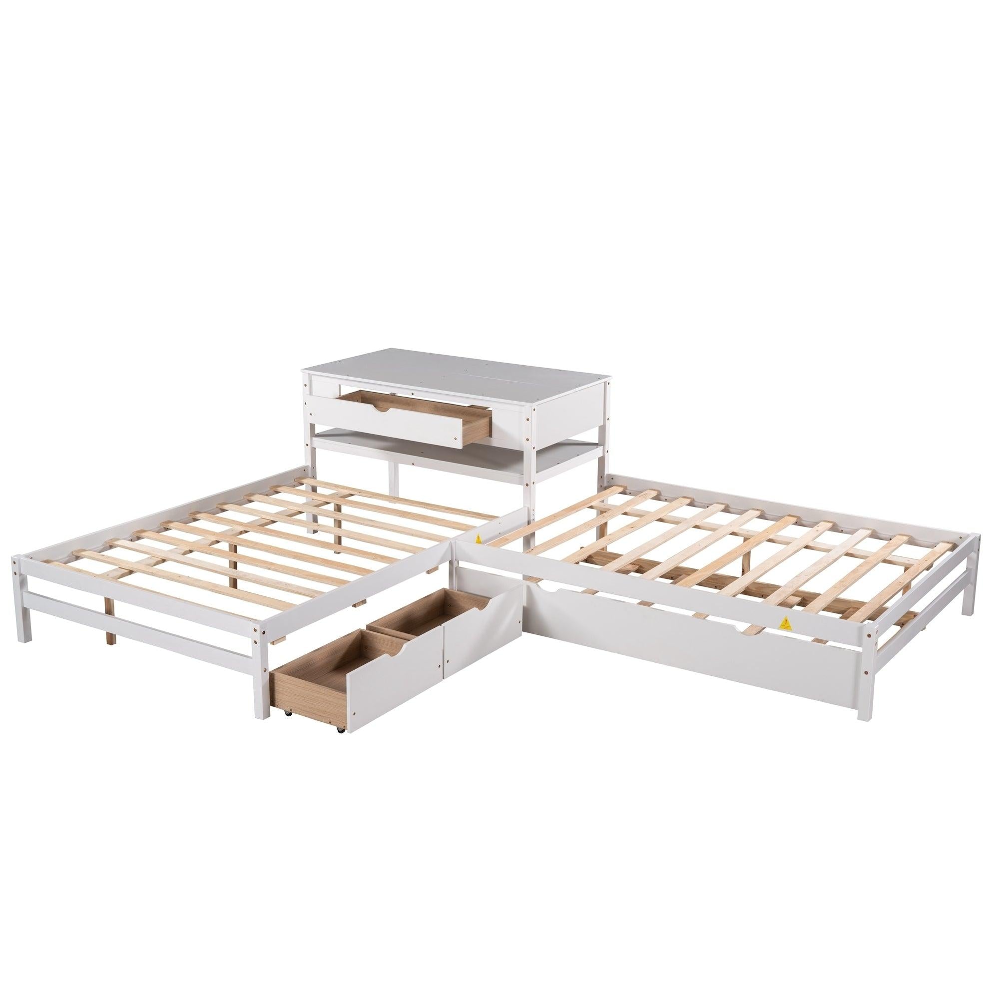 Full Size L-shaped Platform Beds with Twin Size Trundle and Drawers Linked with Built-in Rectangle Table,White