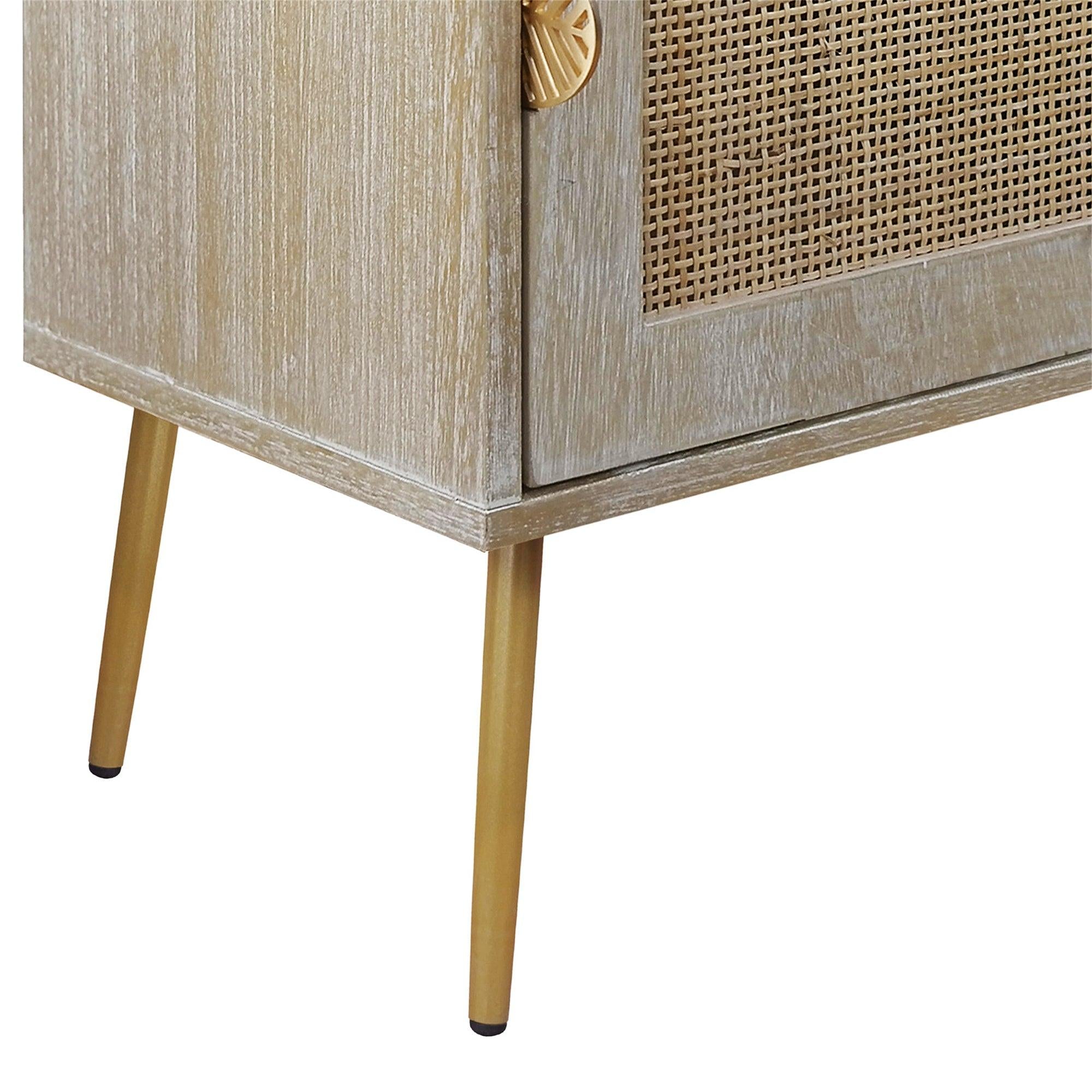 Wooden Nightstand with Rattan Panel,One Drawer ,One Cabinet and Metal Feet  Bedside Table (Natural)