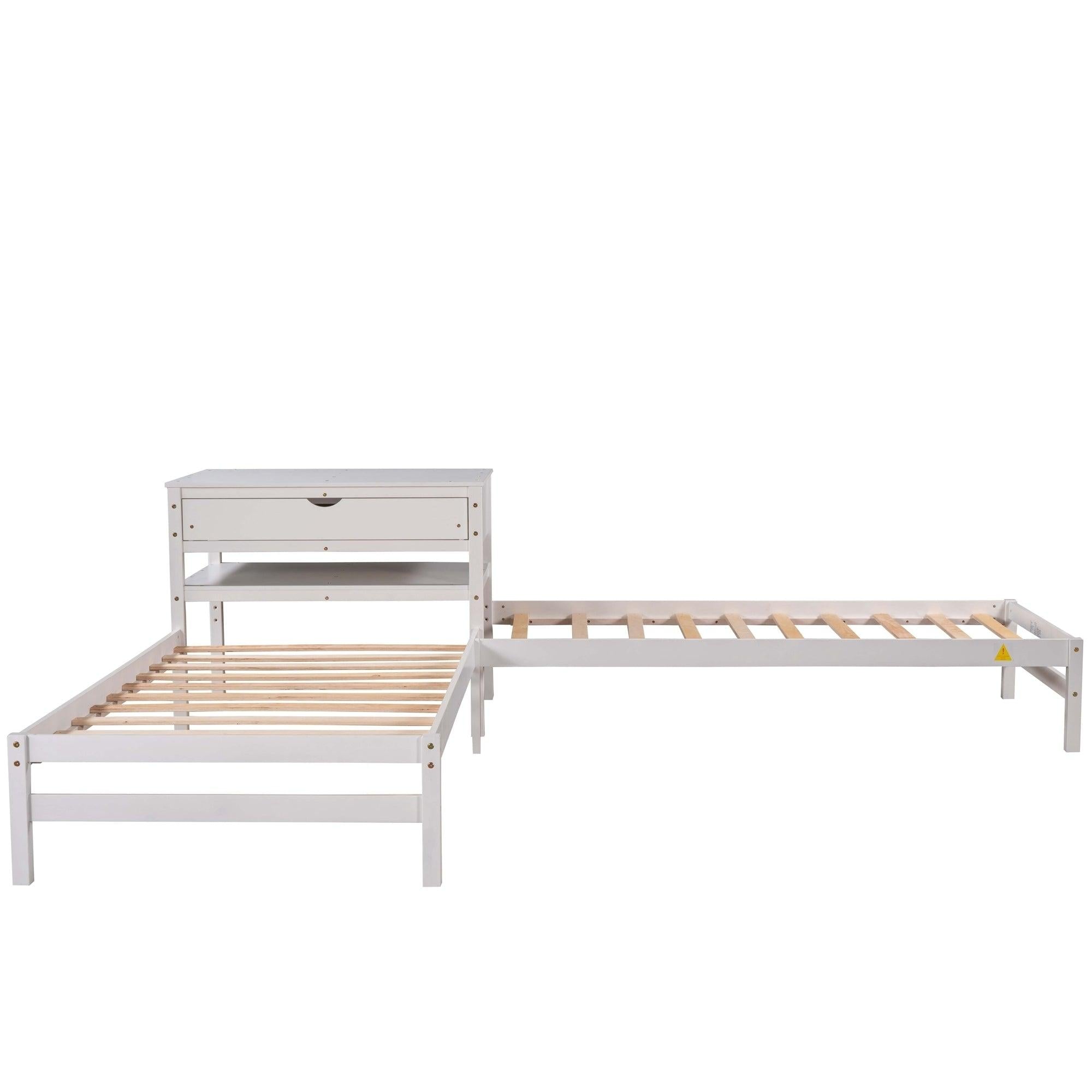 Twin Size L-Shaped Platform Beds with Drawer Linked with Built-in Rectangle Table,White