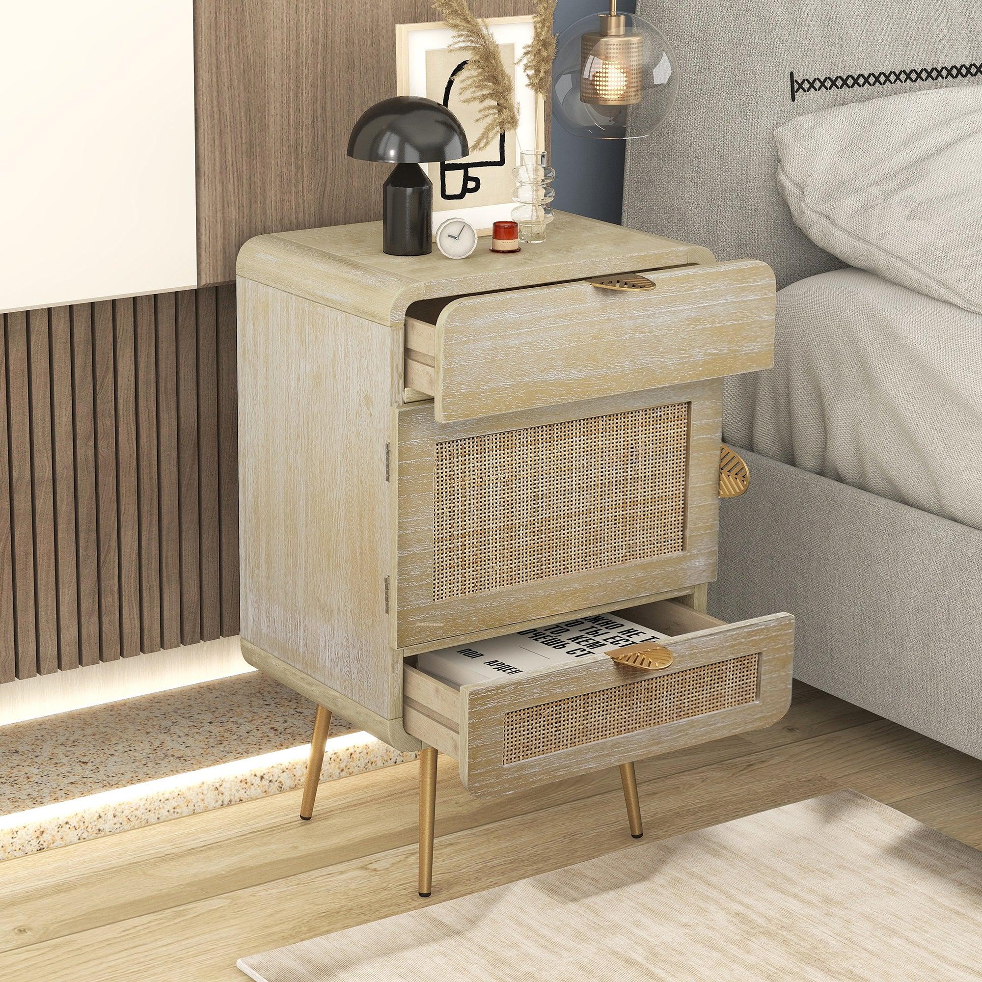 Wooden Nightstand with Rattan Panel,Two Drawers ,One Cabinet and Metal Feet  Bedside Table (Natural)