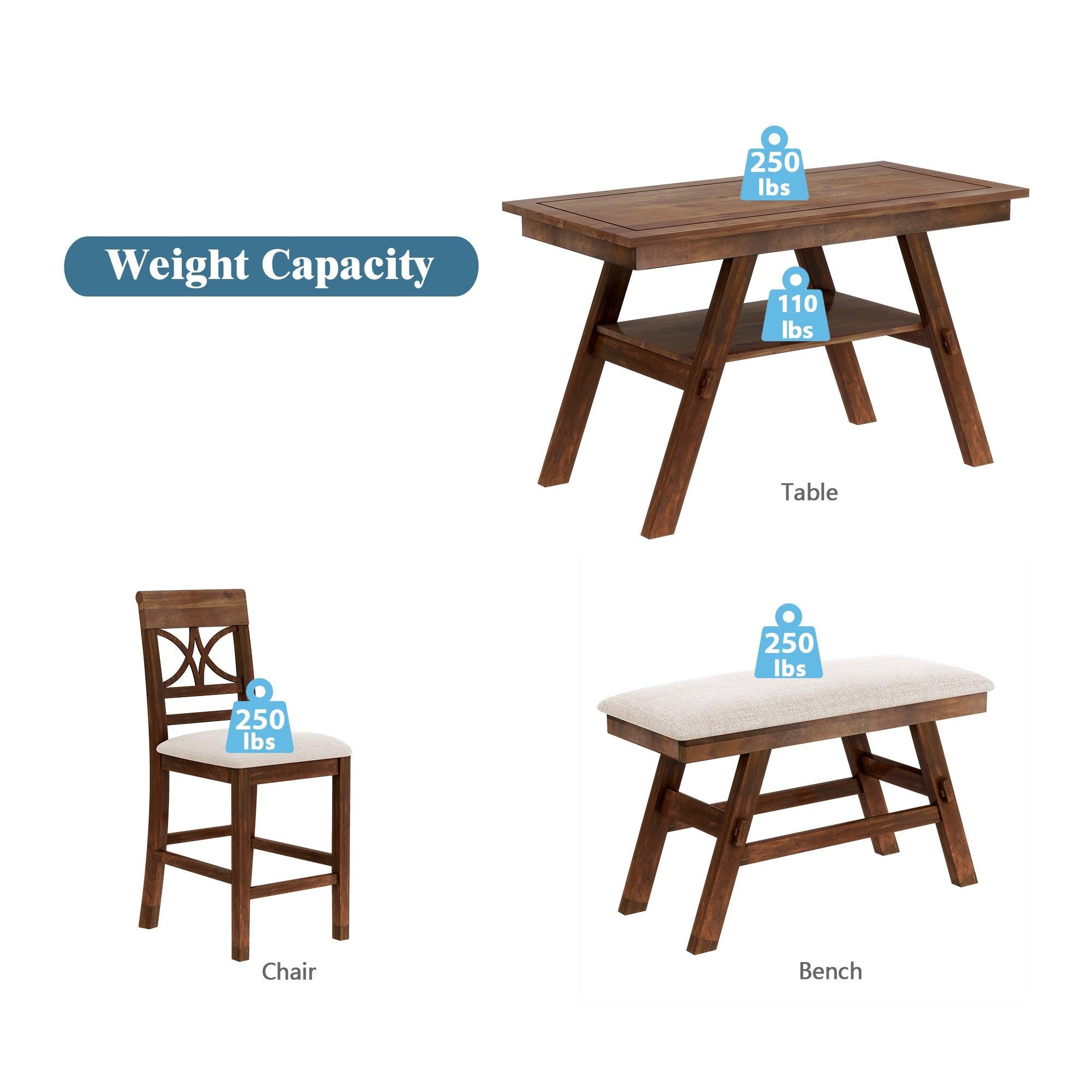 6-Piece Wood Counter Height Dining Table Set withStorage Shelf, Kitchen Table Set with Bench and 4 Chairs,Rustic Style, Walnut+Beige Cushion