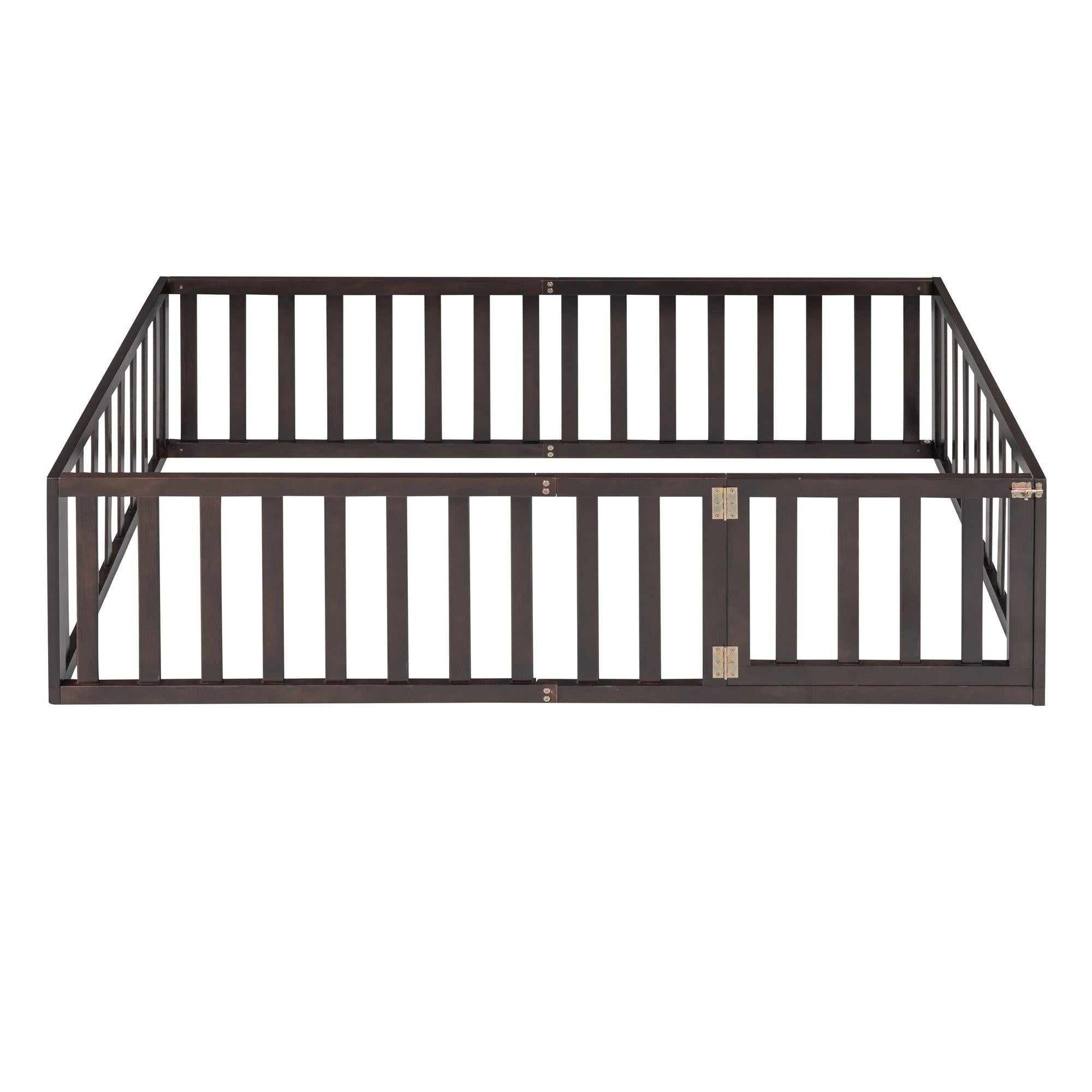 Twin Size Wood Floor Bed Frame with Fence and Door, Walnut