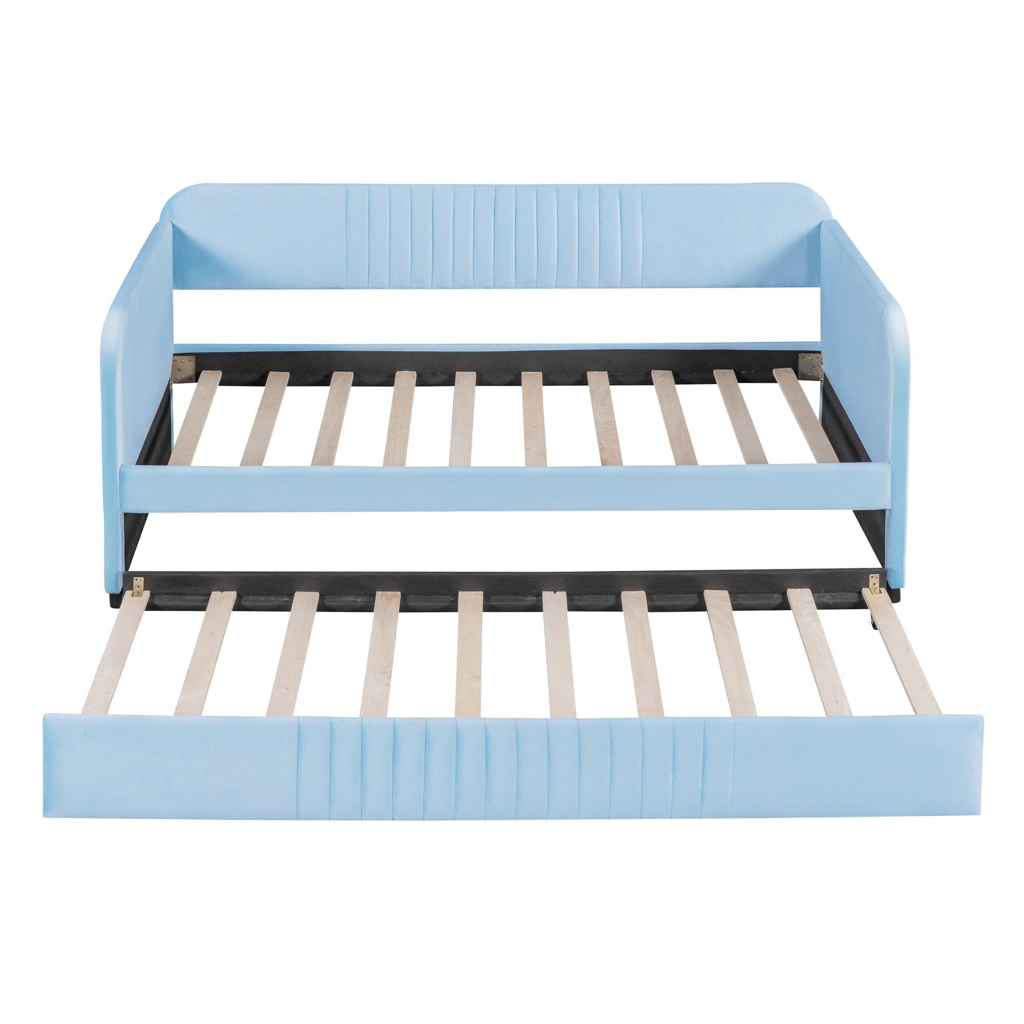 Upholstered Daybed Sofa Bed Twin Size With Trundle Bed and Wood Slat, Light Blue