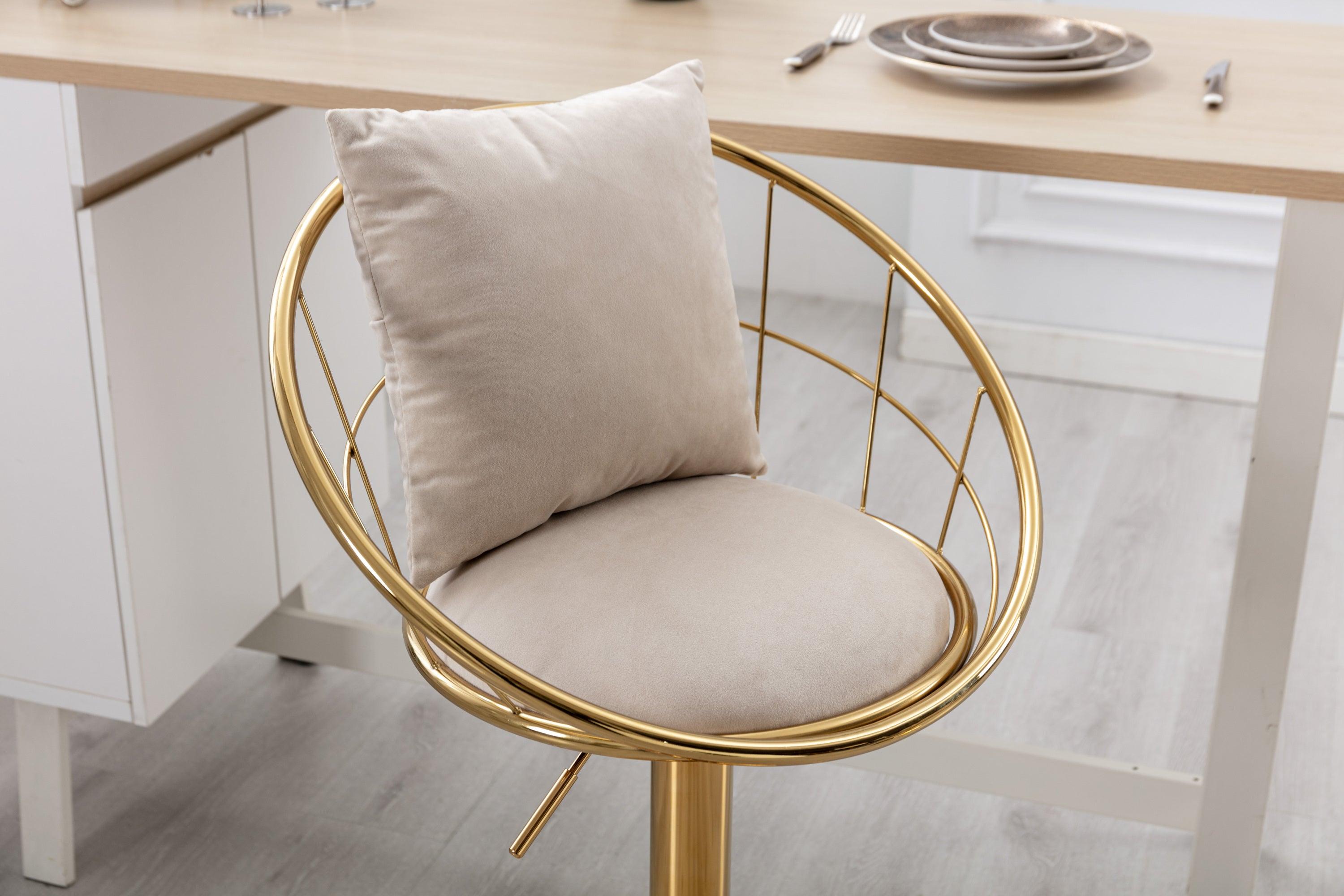 Off-White velvet bar chair, pure gold plated, unique design，360 degree rotation, adjustable height，Suitable for dinning room and bar，set of 2