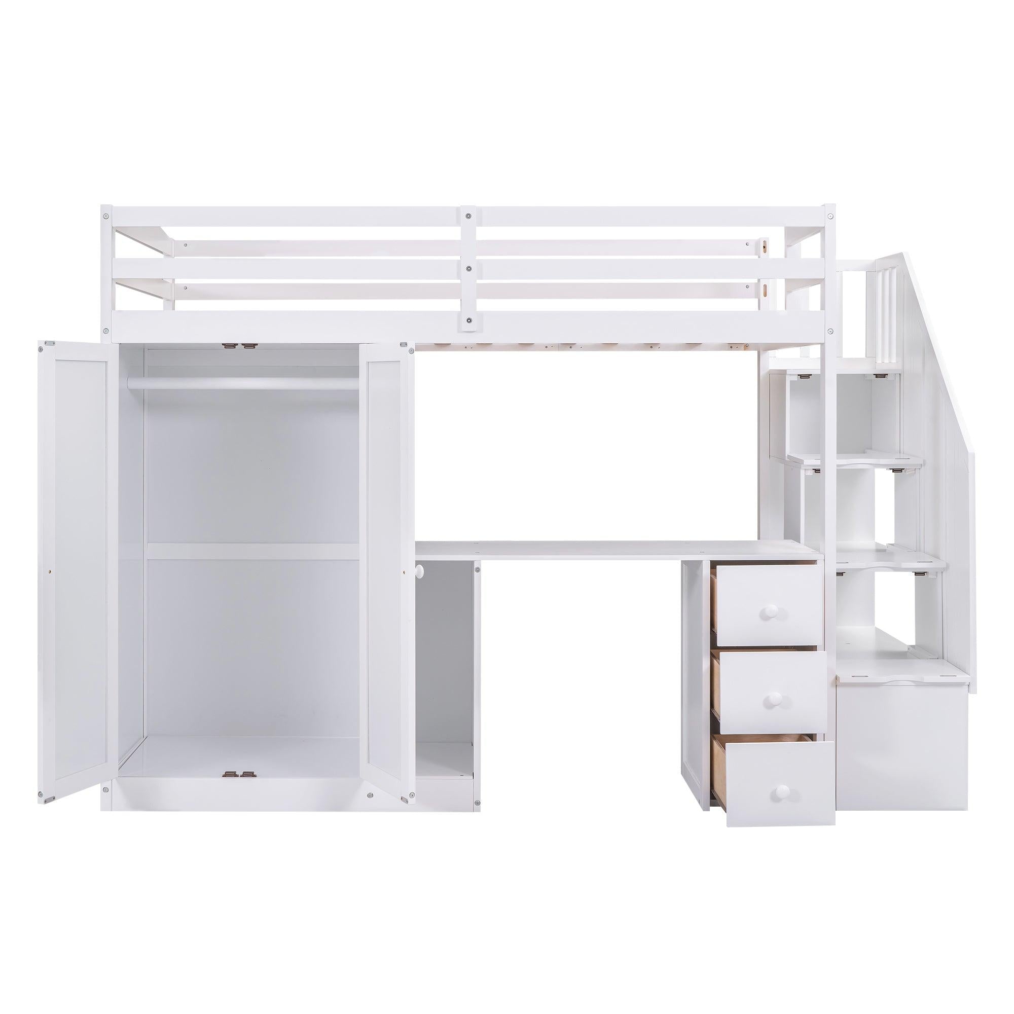 Twin Size Loft Bed with Wardrobe and Staircase, Desk andStorage Drawers and Cabinet in 1, White