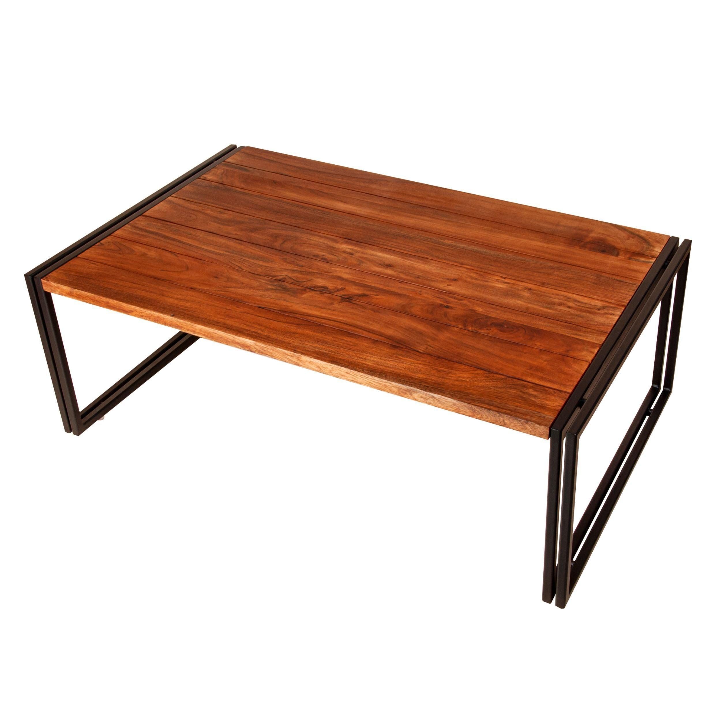 48 Inch Wooden Coffee Table with Double Metal Sled Base, Brown and Black