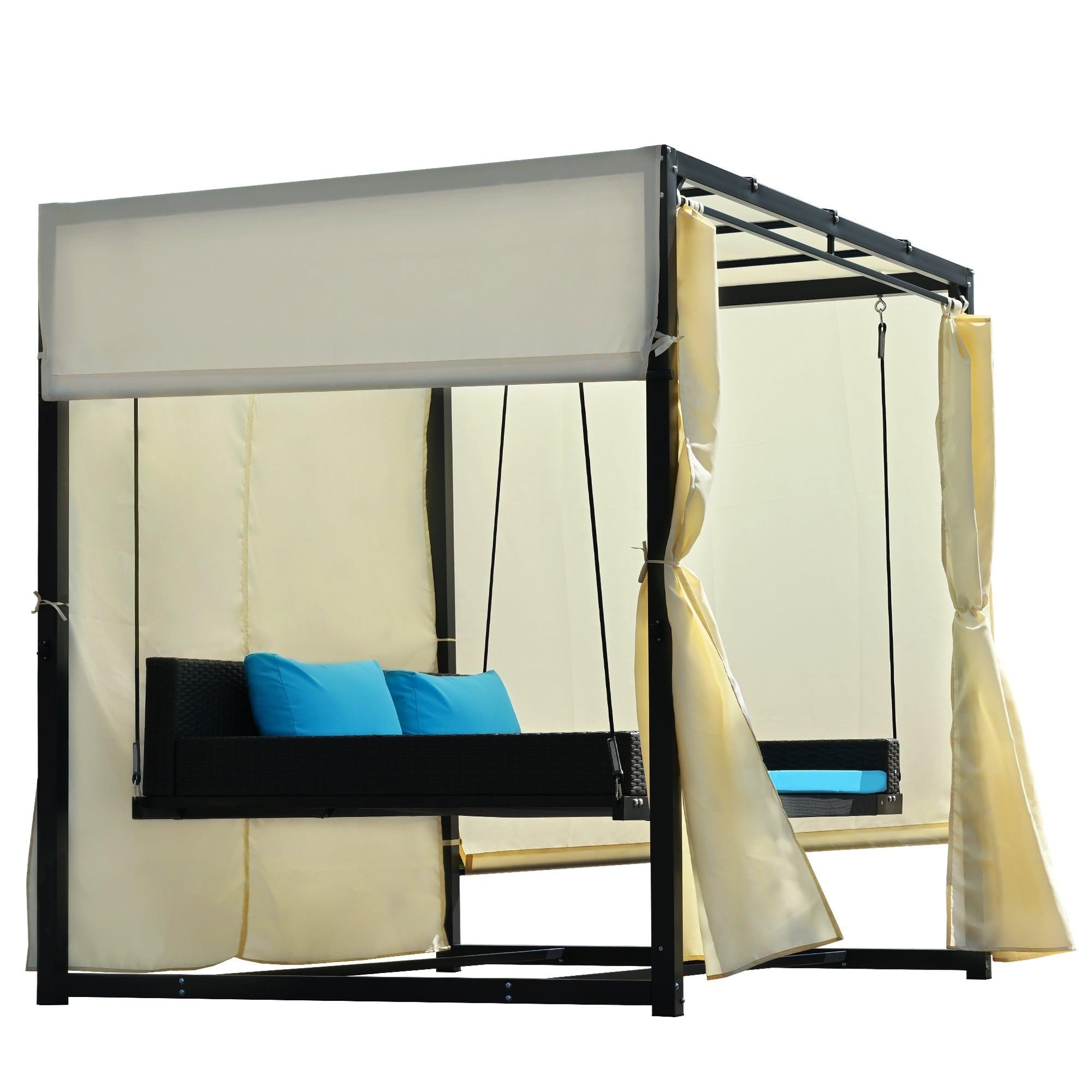 Outdoor Swing Bed with Beige Curtain and Blue Cushion