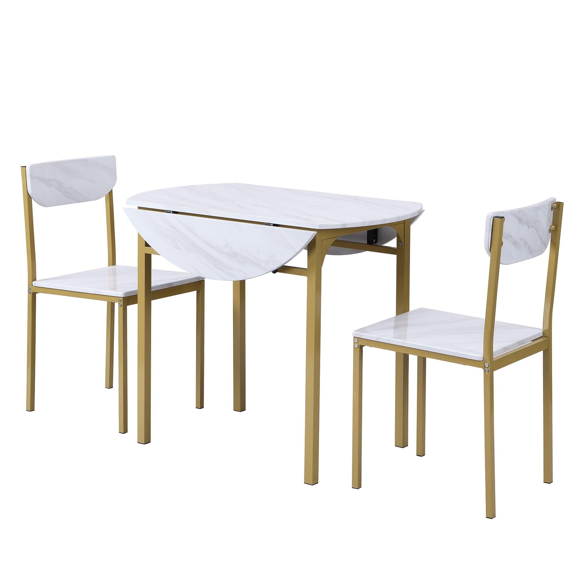 Modern 3-Piece Round Dining Table Set with Drop Leaf and 2 Chairs for Small Places,lden Frame+Faux White Granite Finish