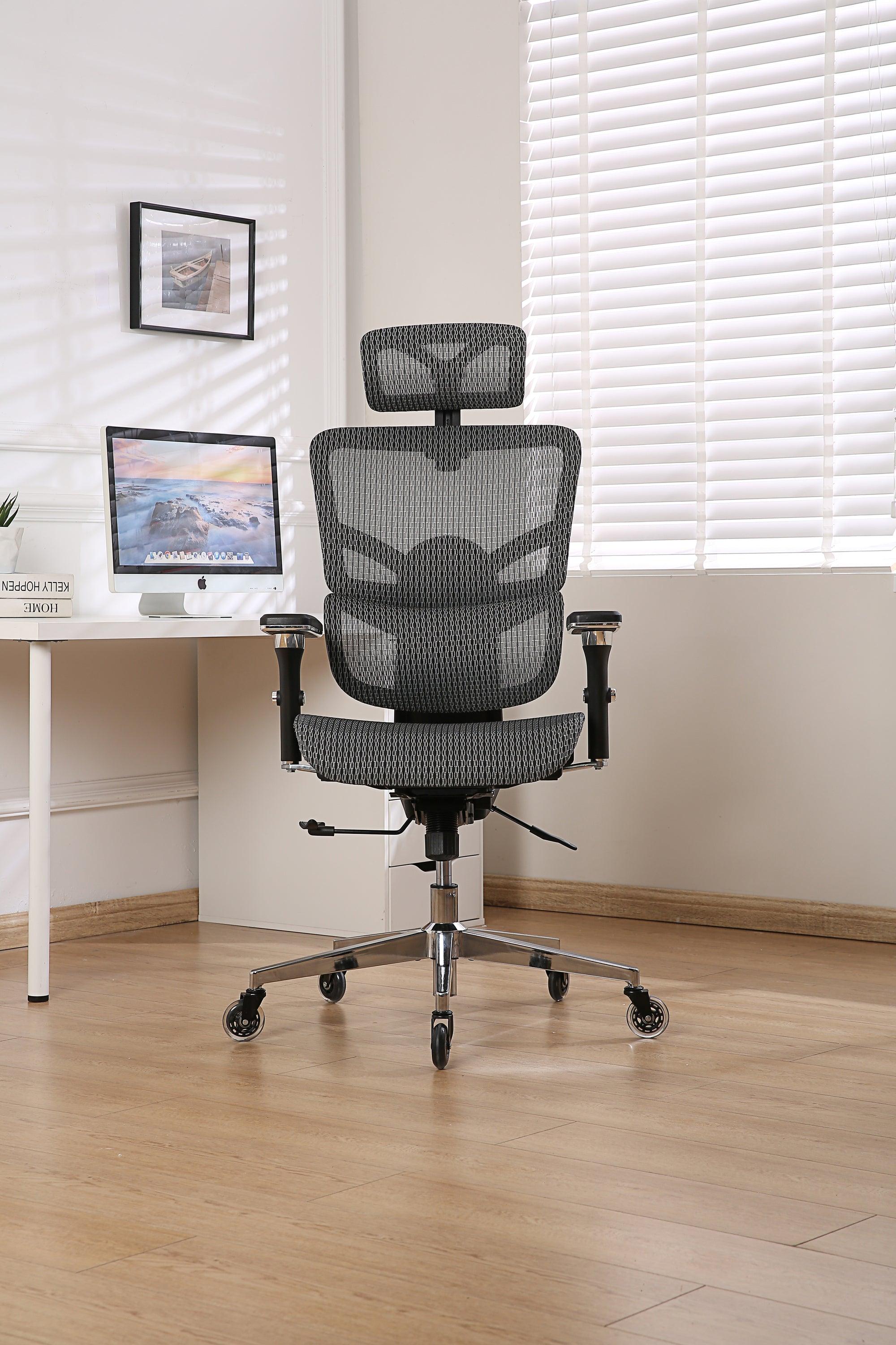 Multifunctional Mesh Office Chair - Adjustable Backrest Height, 4D Arms, Lumbar Support, Headrest and Tilt Angle - Metal Base Quiet Rubber Wheels Ergonomic High Back Computer Desk Chair (Grey) image