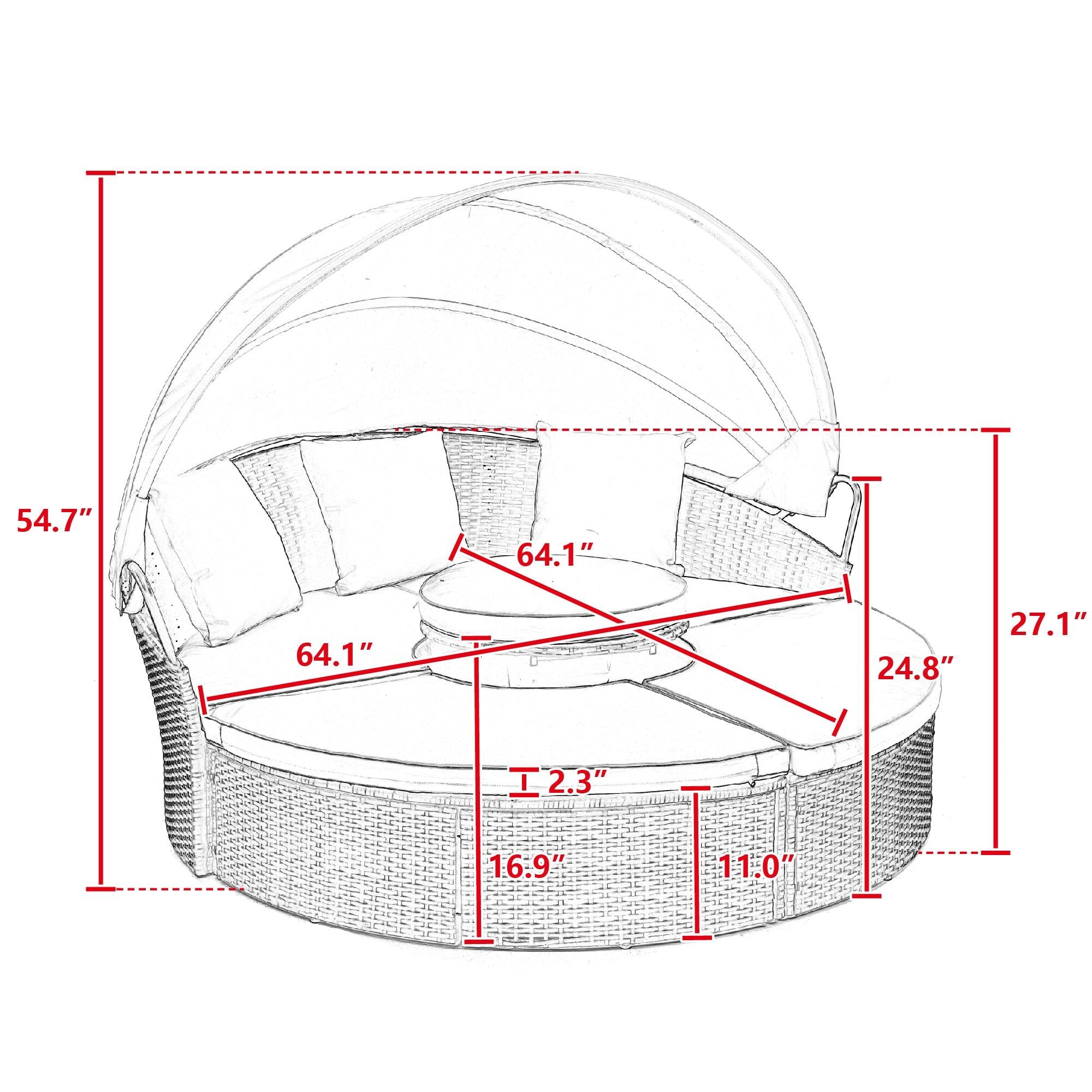 Wicker Rattan Round Lounge With Canopy, Lifted Coffee Table and Beige Cushions