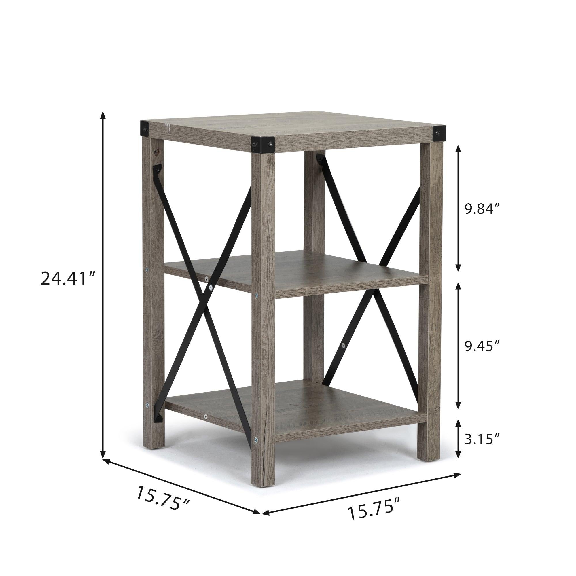 Farmhouse Square End Table, Wood Sofa Side Table with X-Shaped Metal Support, 3-TierStorage Shelf for Living Room Bedroom Office, Gray Wash