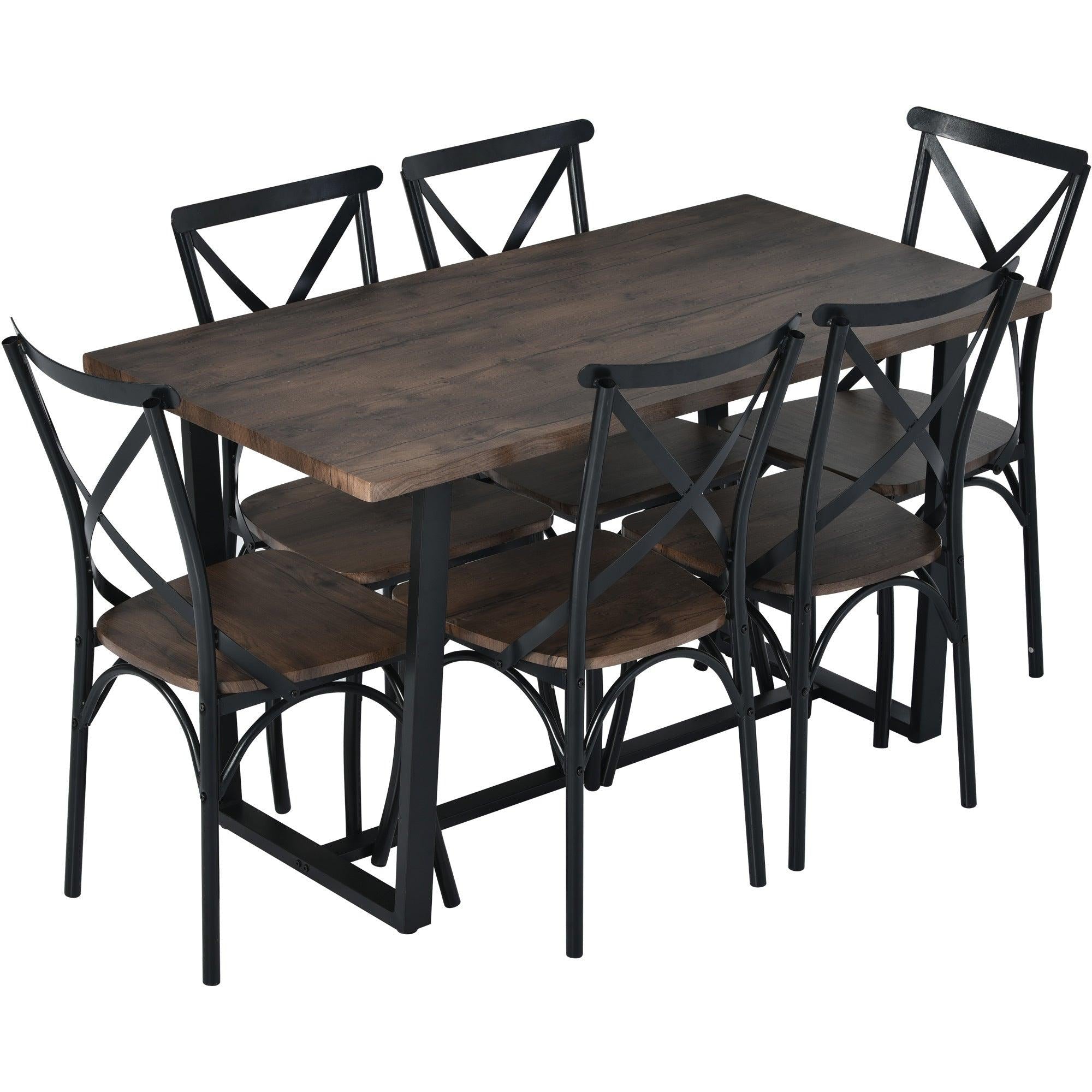 7 Piece Industrial Dining Table Set Rectangular Table with 6 Dining Chairs Kitchen Table Set with Metal Frame (Rustic Brown)