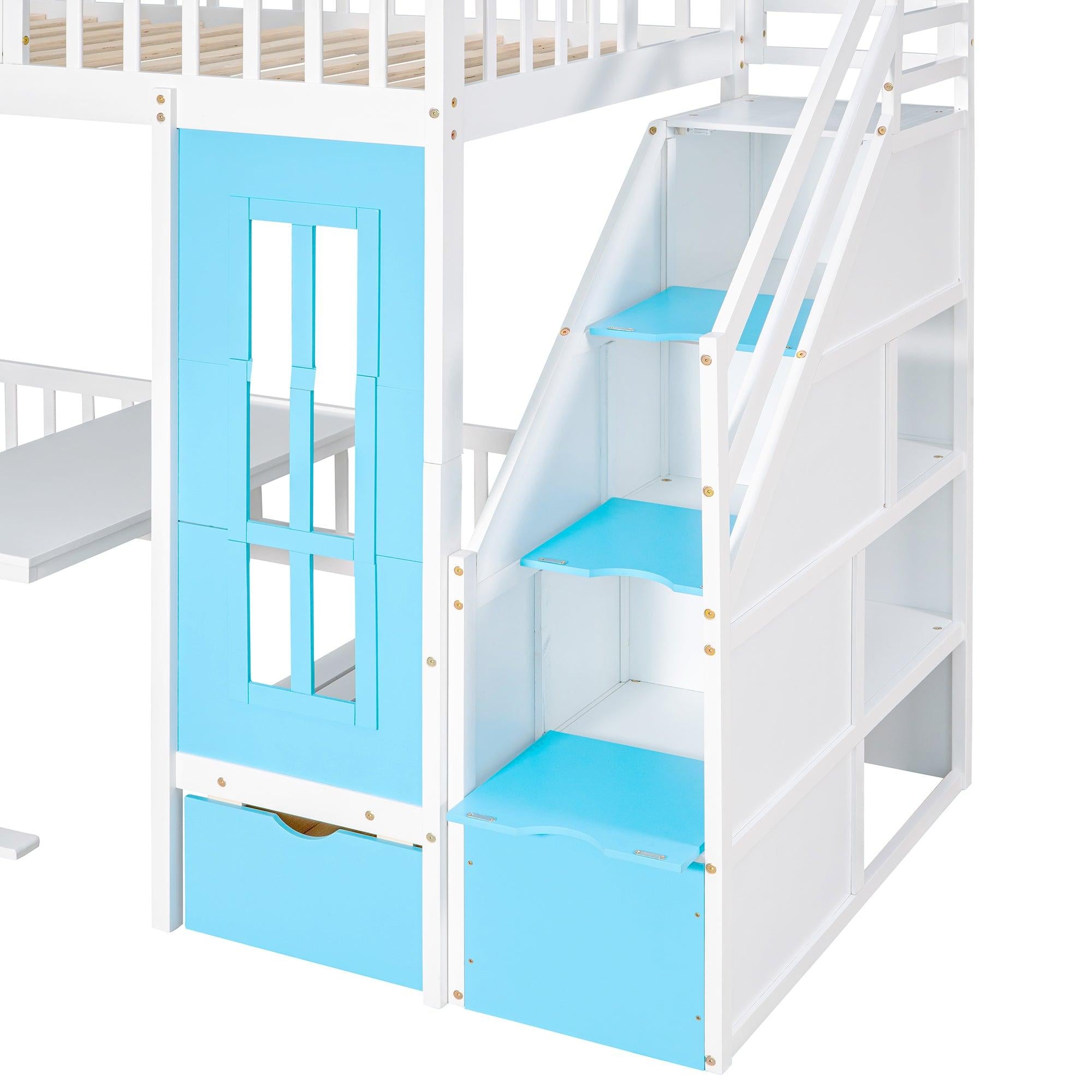 Twin-Over-Twin Bunk Bed with Changeable Table , Bunk Bed  Turn into Upper Bed and Down Desk with 2 Drawers - Blue