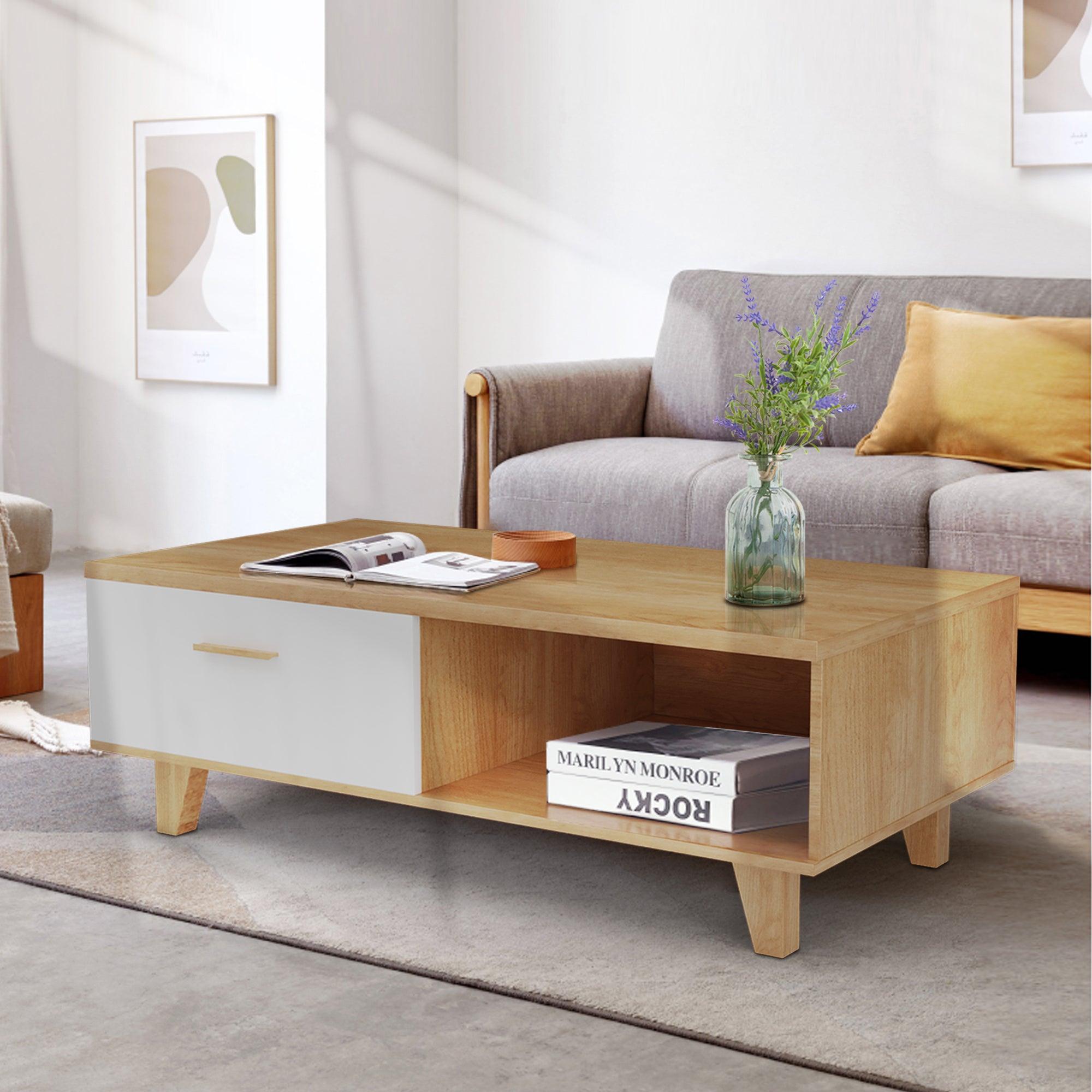 COFFEE TABLE，computer table, wood+white color, solid wood handles and legs, two drawers