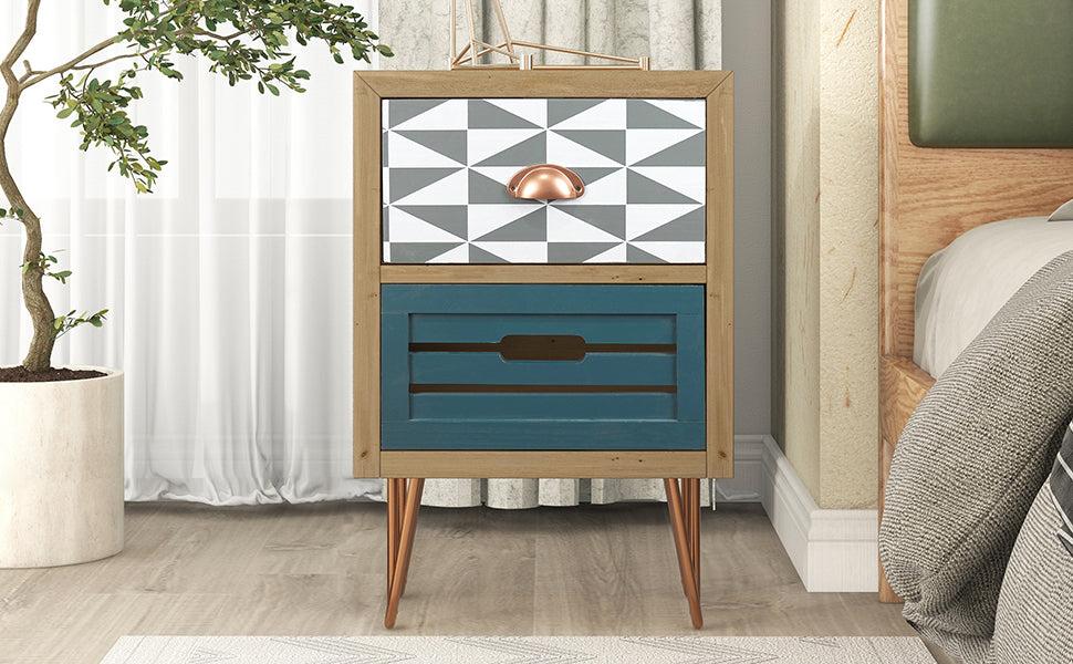 Wooden Nightstand with Two Drawer and Metal FeetModern Style Bedside Table (Natural)