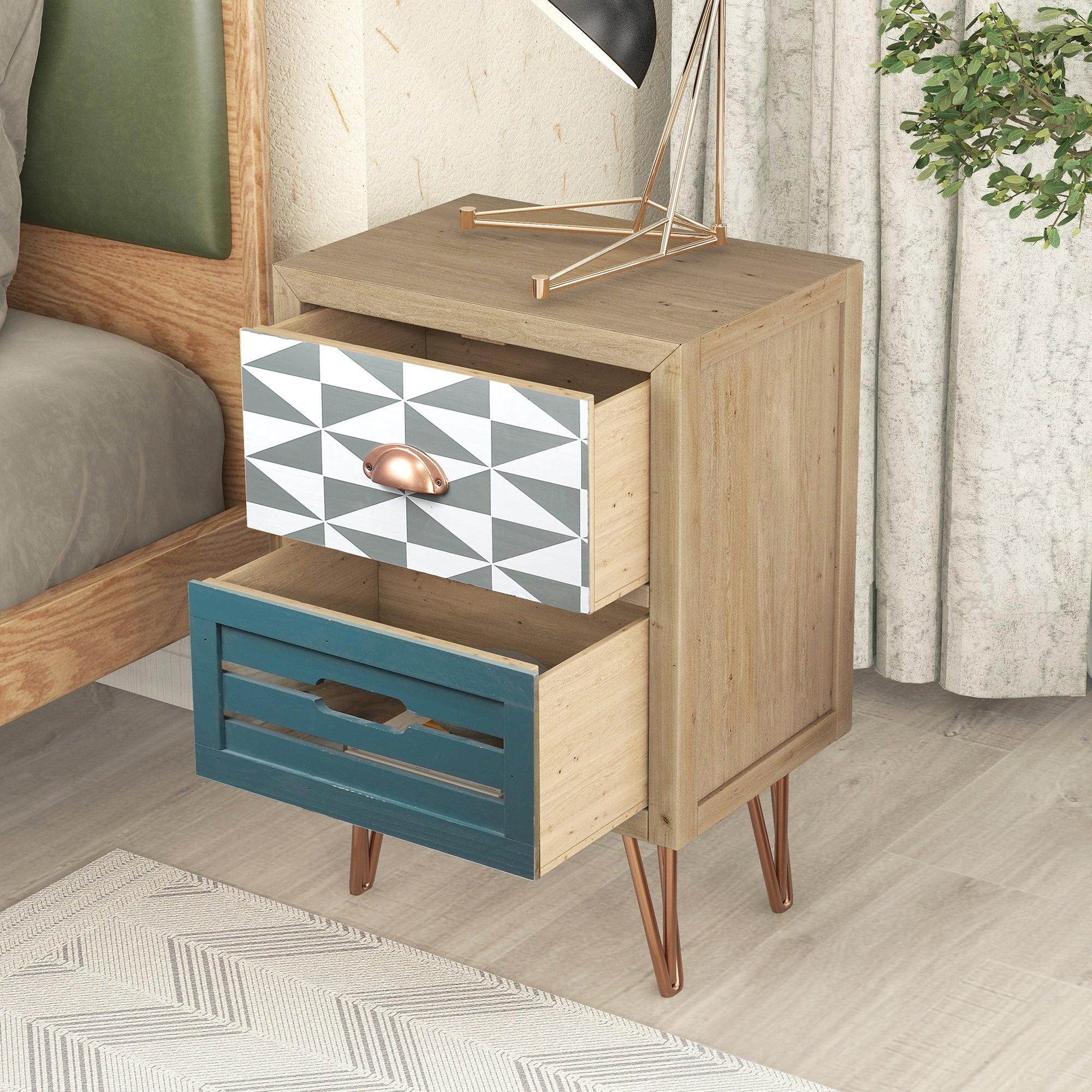 Wooden Nightstand with Two Drawer and Metal FeetModern Style Bedside Table (Natural)