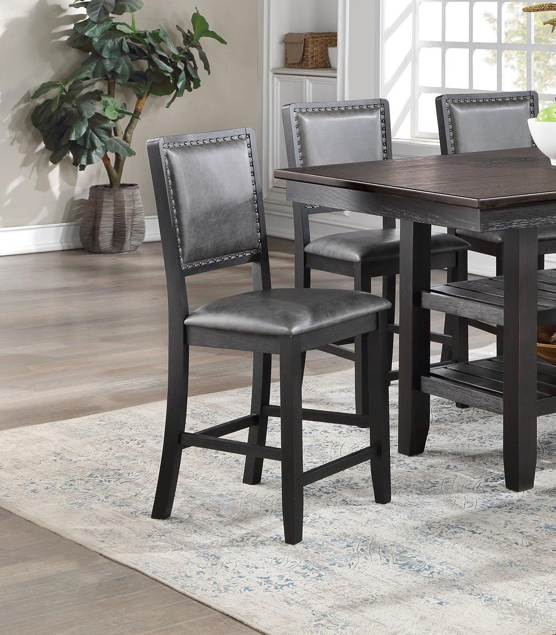 Contemporary Dining Room 7pc Set Grey Finish PU Counter Height Dining Table w Shelf and 6x High Chairs Fabric Upholstered seats Back Counter Height Chairs