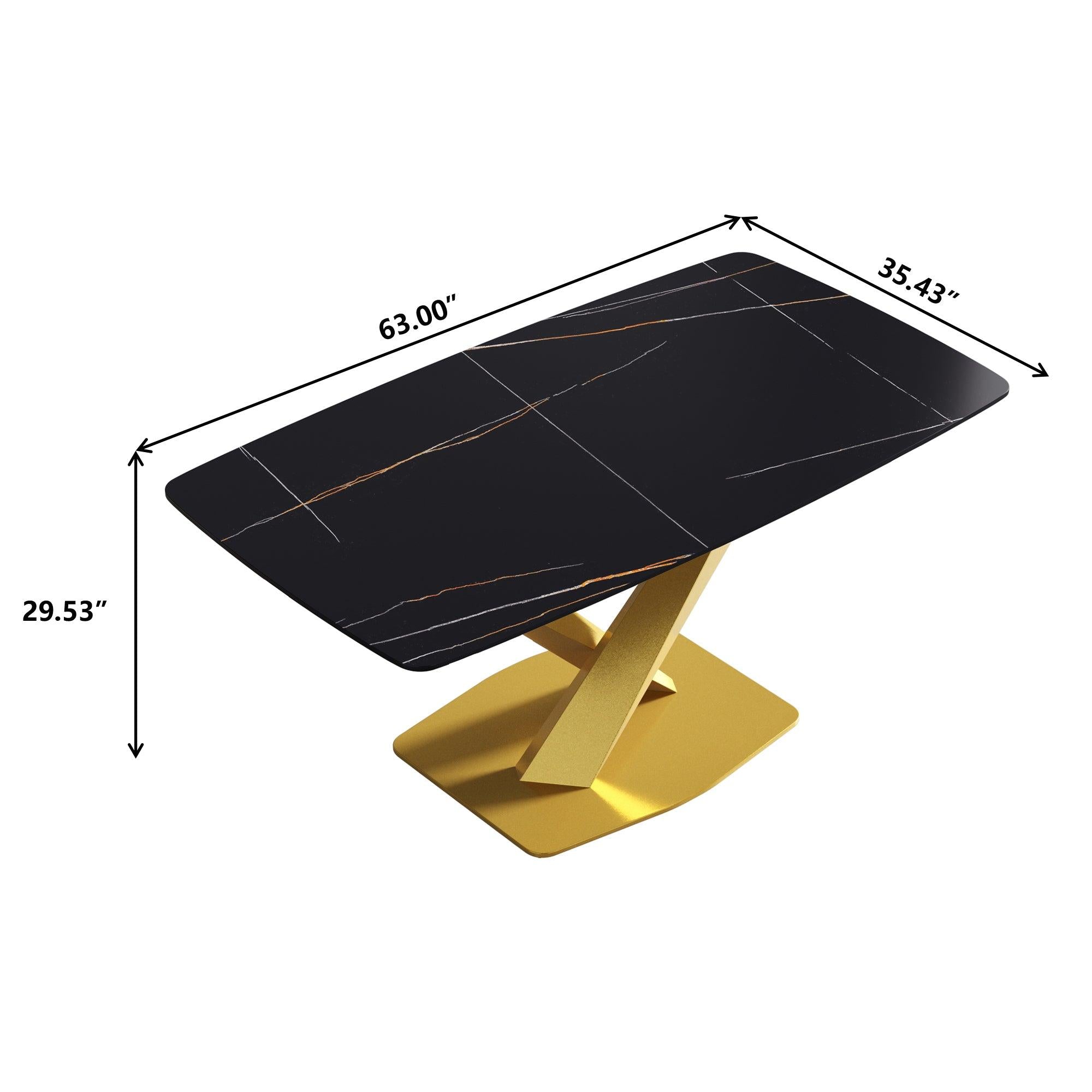 63"Modern artificial stone black curved golden metal leg dining table -6 people