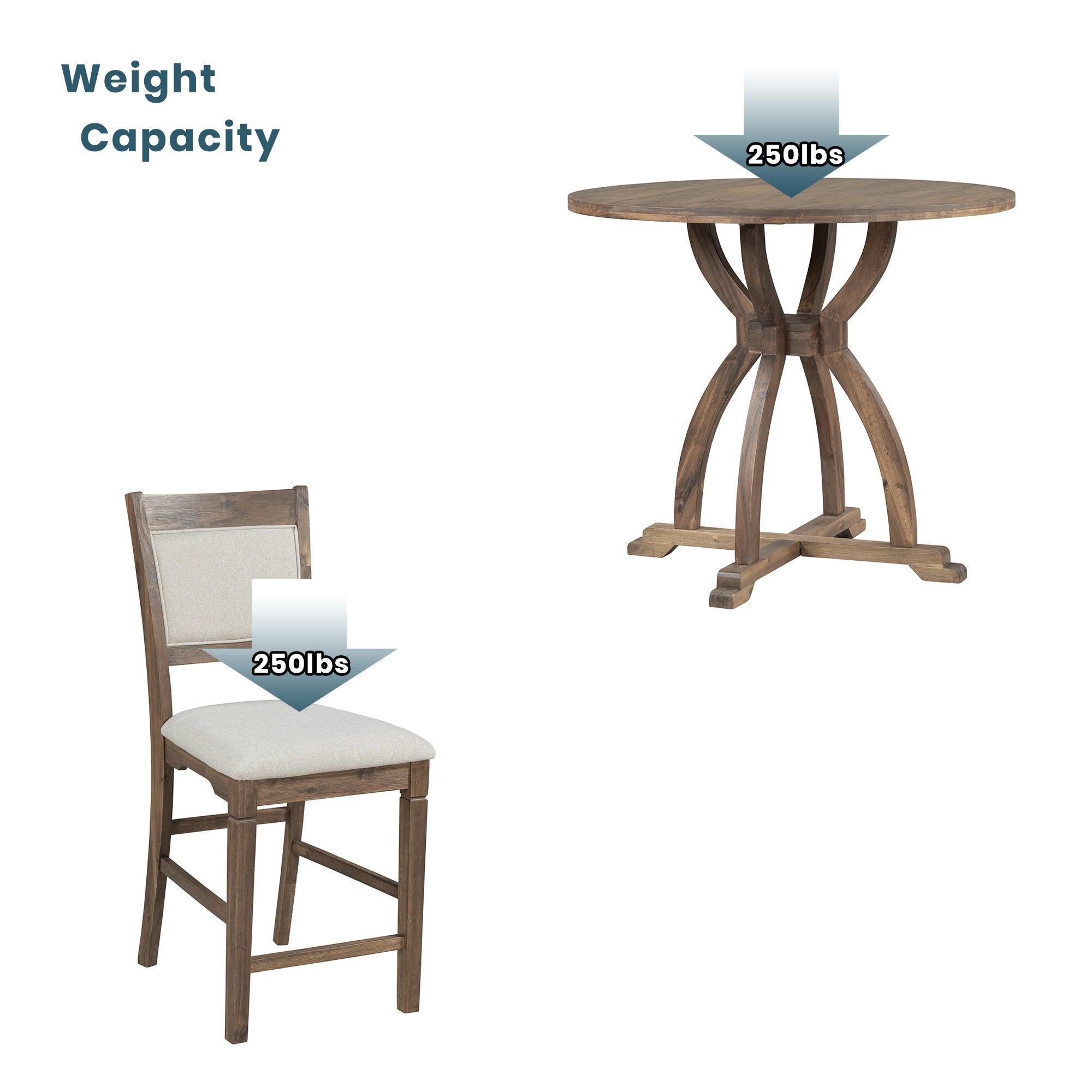 Farmhouse 5-Piece Round Dining Table Set with Trestle Legs and 4 Upholstered Dining Chairs for Small Place, Brown