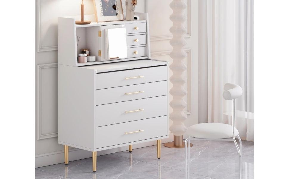 Vanity Makeup Table with Mirror and Retractable Table,Storage Dresser for Bedroom with 7 Drawers and HiddenStorage,White