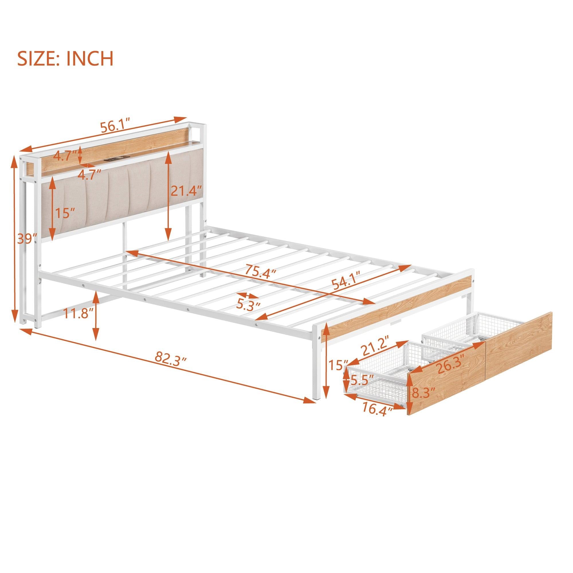 Full Size Metal Platform Bed Frame with 2 drawers, Upholstered headboard ，Sockets, USB Ports and Slat Support ,No Box Spring Needed，White