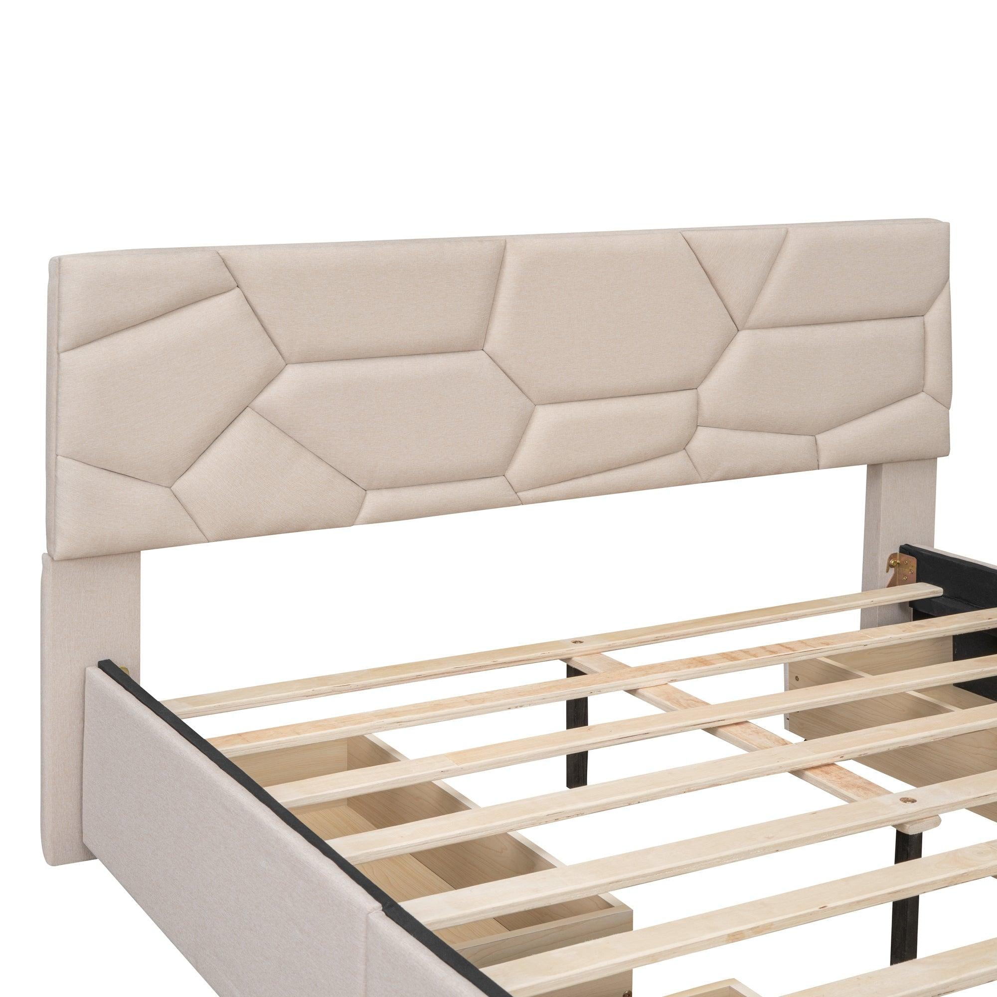 Queen Size Upholstered Platform Bed with Brick Pattern Heardboard and 4 Drawers, Linen Fabric, Beige