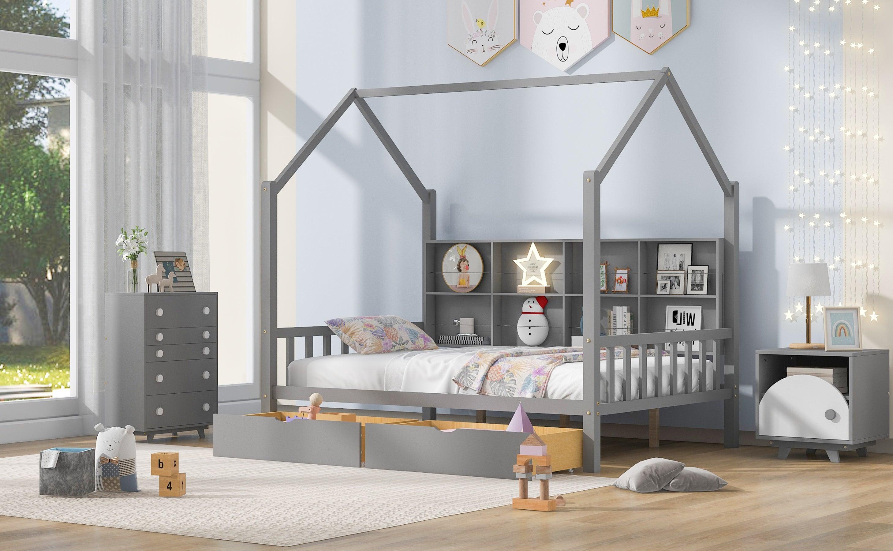 Wooden Full Size House Bed with 2 Drawers,Kids Bed withStorage Shelf, Gray