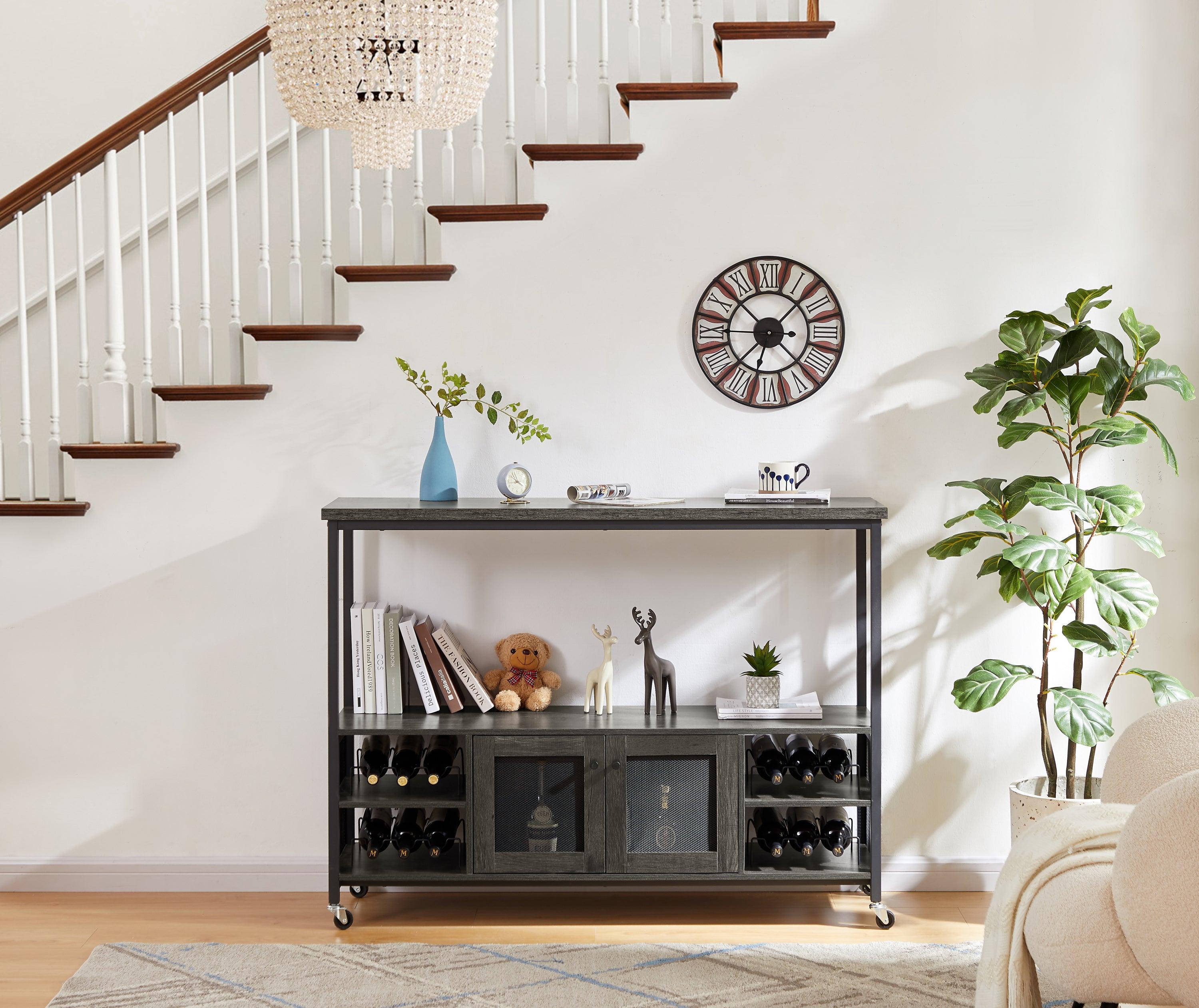 Wine shelf table,Modern wine bar cabinet, console table, bar table, TV cabinet, sideboard withStorage compartment, can be used in living room, dining room, kitchen, entryway, hallway.Dark Grey.