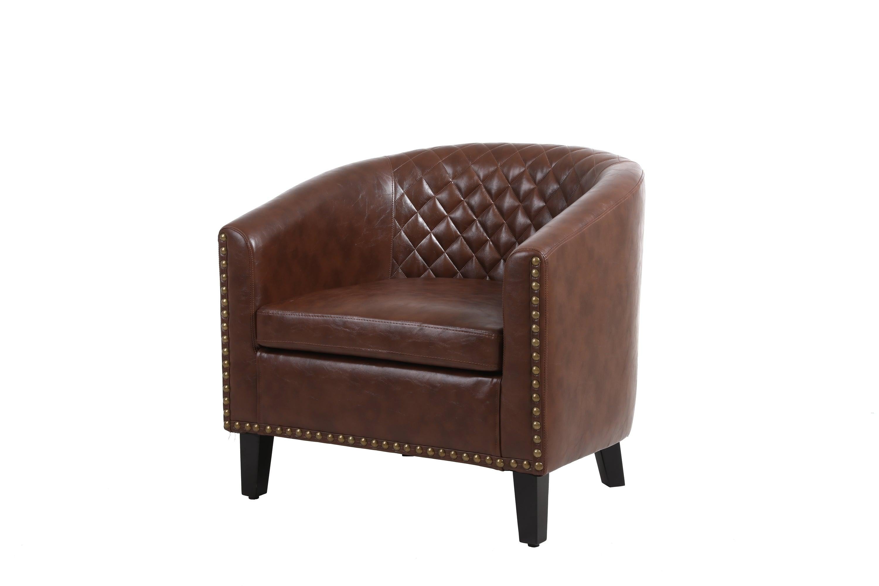 accent Barrel chair living room chair with nailheads and solid wood legs  Brown pu leather