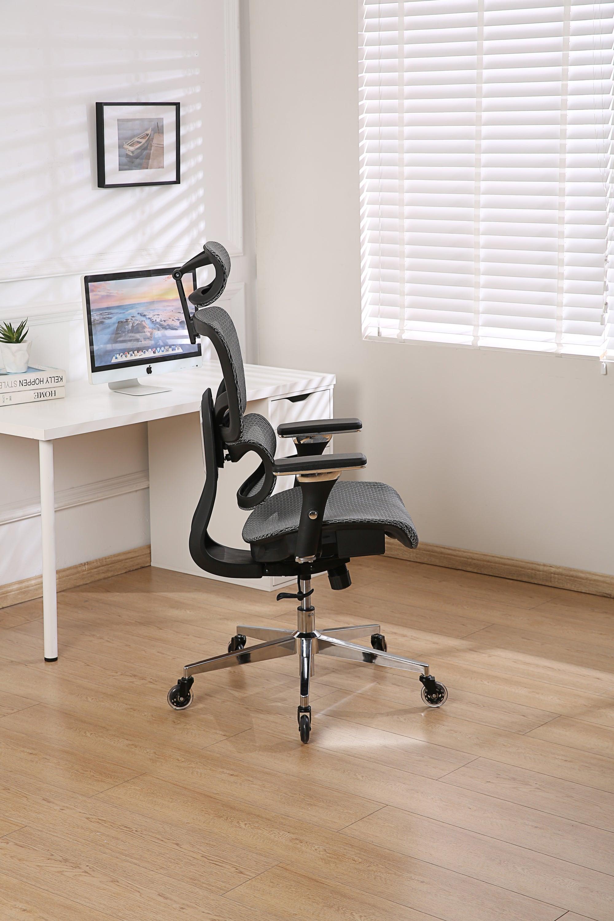 Multifunctional Mesh Office Chair - Adjustable Backrest Height, 4D Arms, Lumbar Support, Headrest and Tilt Angle - Metal Base Quiet Rubber Wheels Ergonomic High Back Computer Desk Chair (Grey)