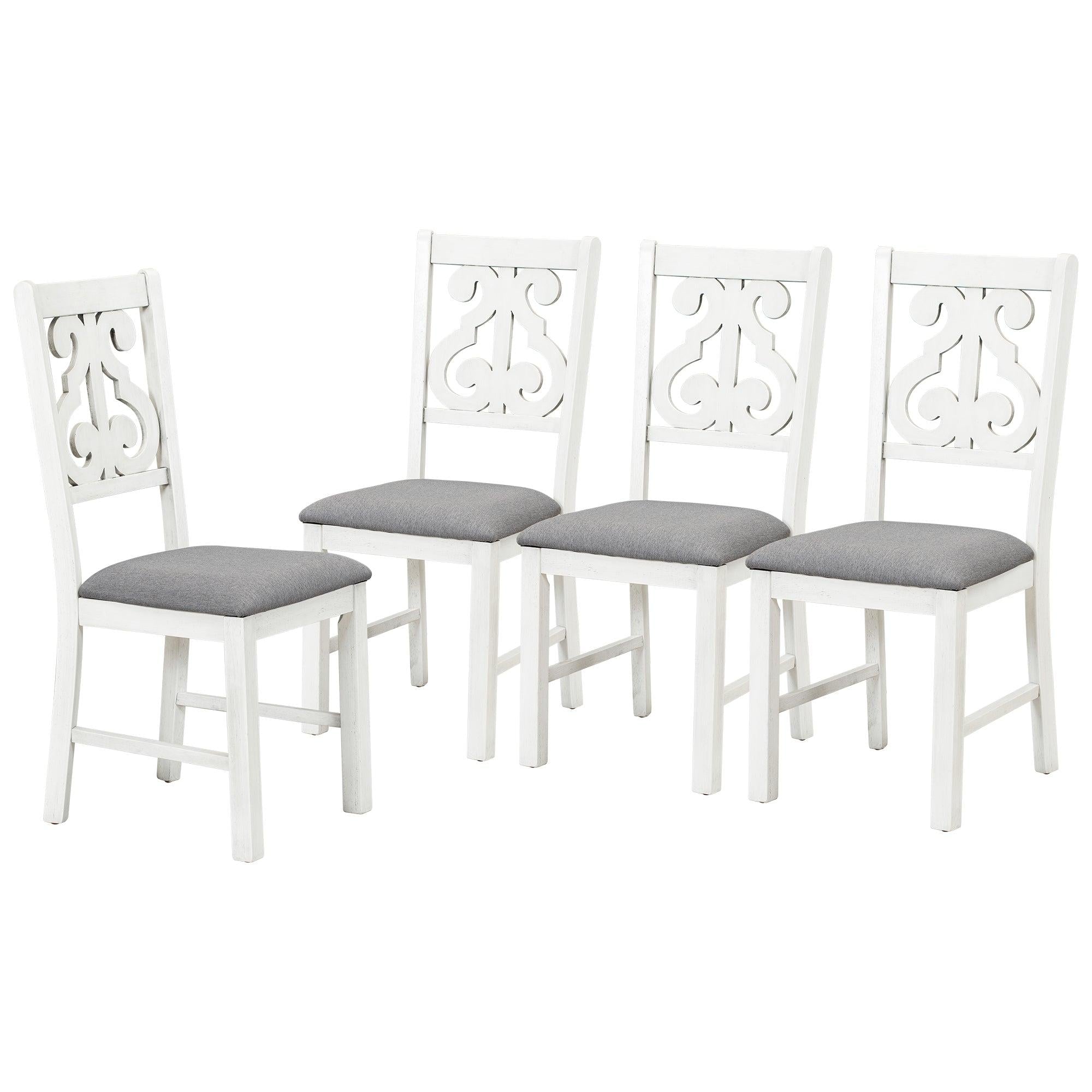 6-Piece Wooden Dining Table Set, Farmhouse Rectangular Dining Table, Four Chairs with Exquisitely Designed Hollow Chair Back and Bench for Home Dining Room (Gray+White)