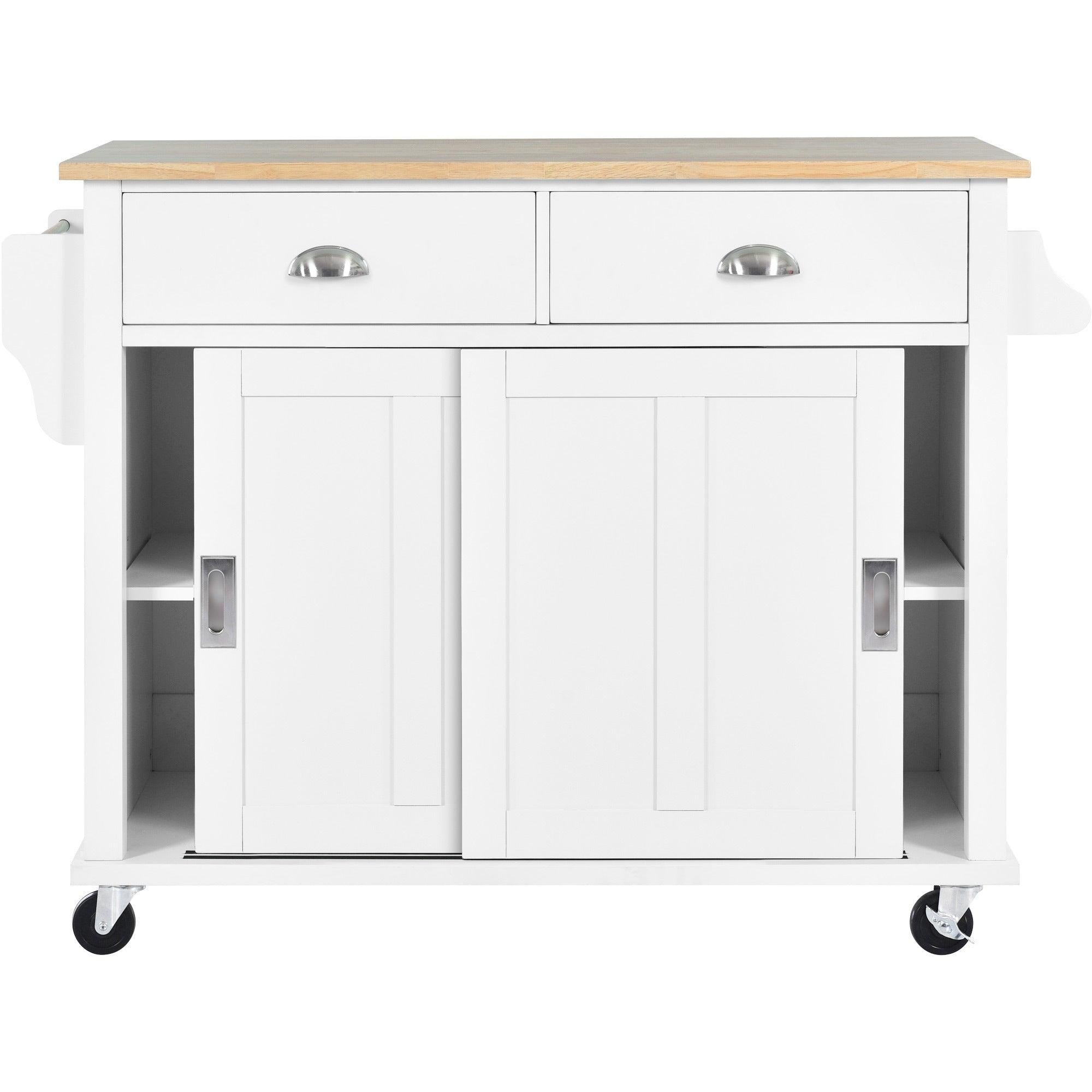 Kitchen Cart with Rubber wood Drop-Leaf Countertop, Concealed sliding barn door adjustable height,Kitchen Island on 4 Wheels withStorage Cabinet and 2 Drawers,L52.2xW30.5xH36.6 inch, White