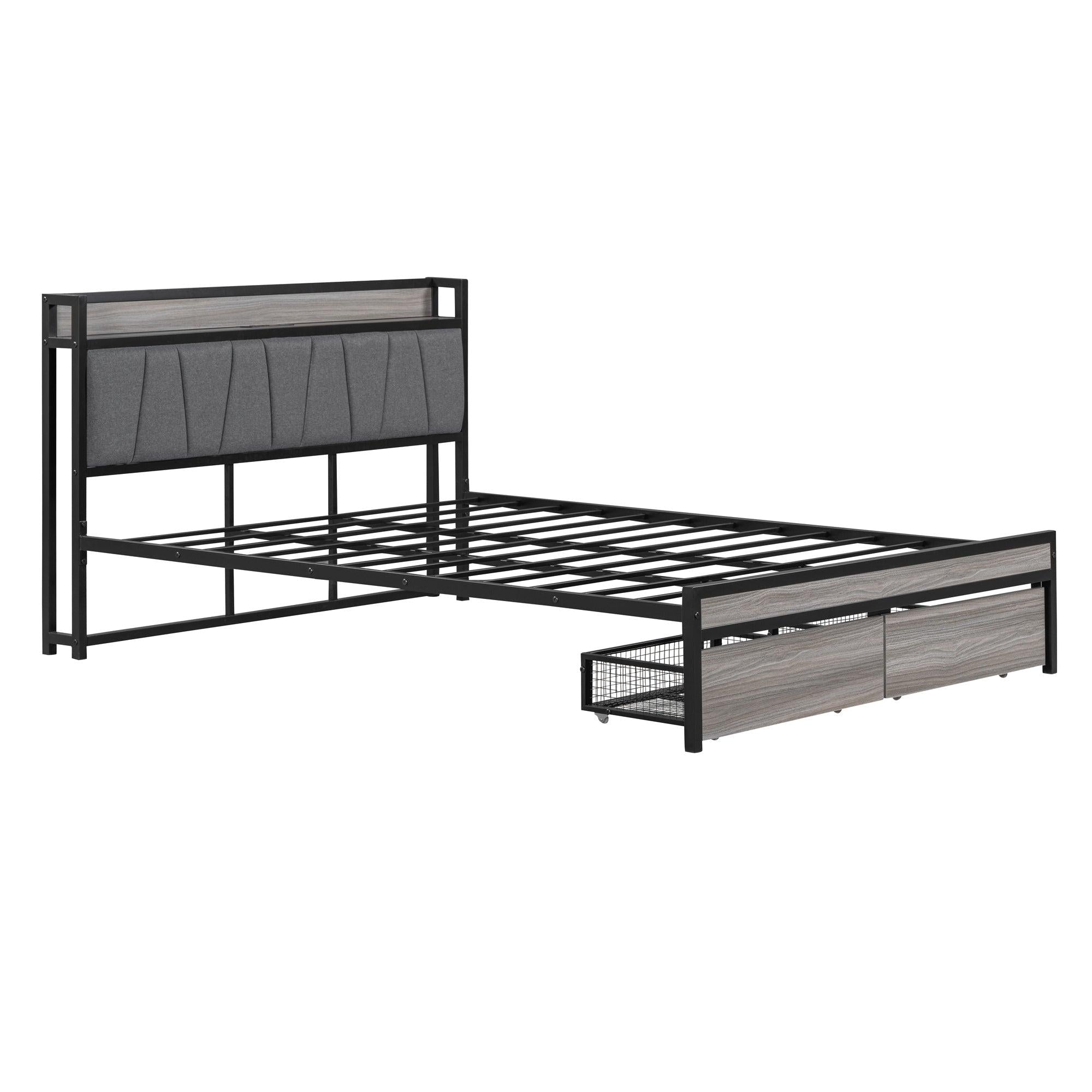 Queen Size Metal Platform Bed Frame with 2 drawers, Upholstered headboard ，Sockets, USB Ports and Slat Support ,No Box Spring Needed，Black