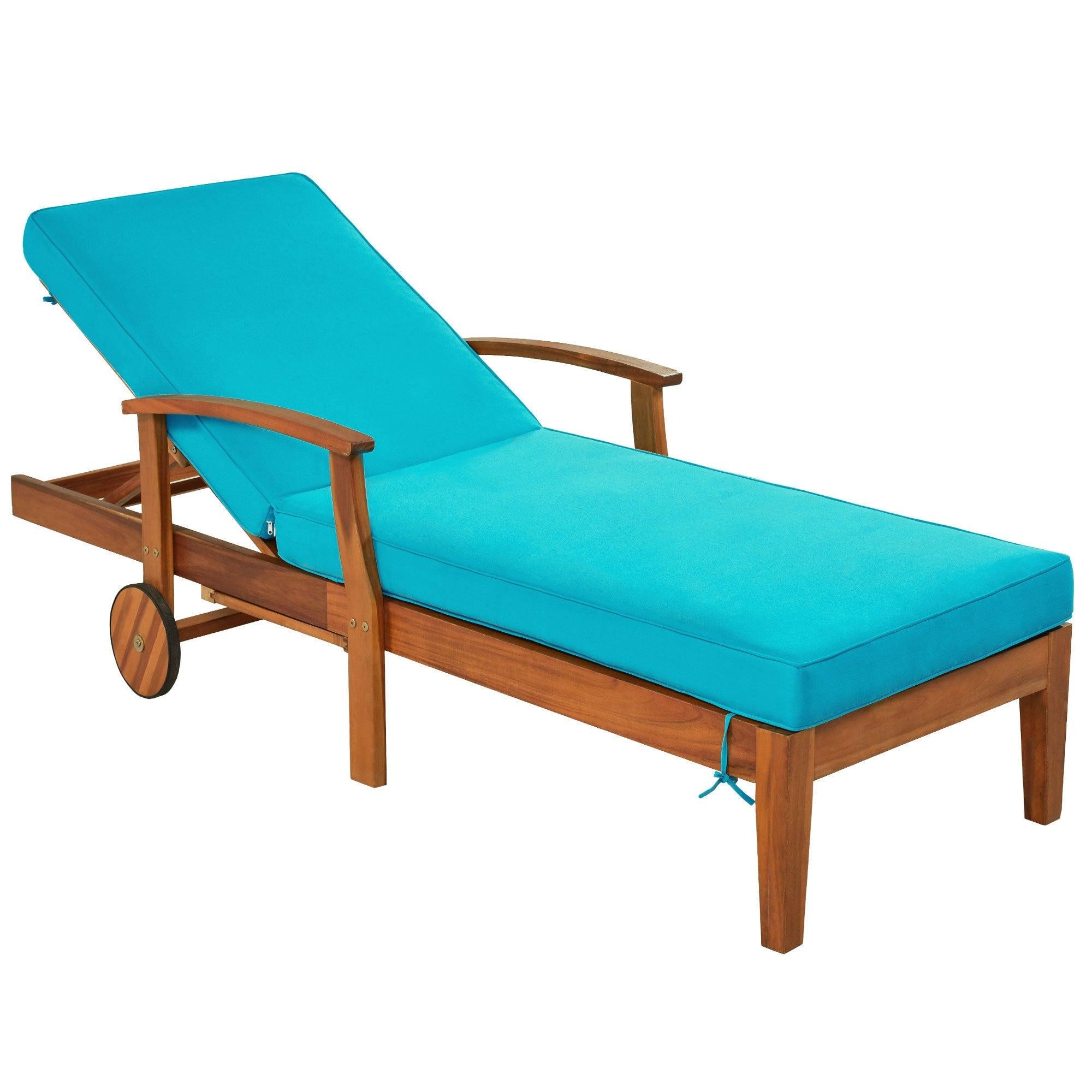 78.8" Outdoor Patio Solid Wood Chaise Lounge Reclining Daybed with Blue Cushion, Wheels and Sliding Cup Table