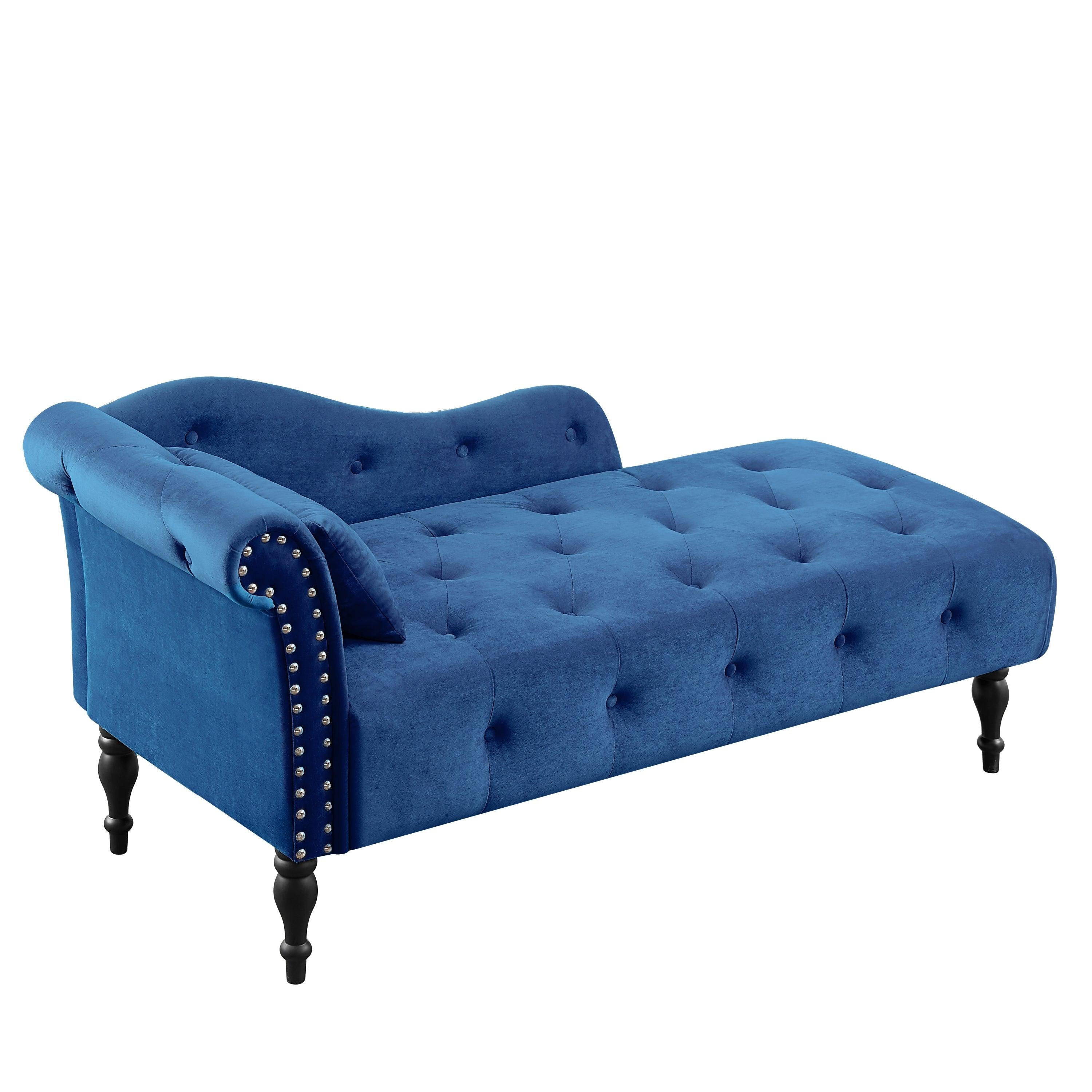 60.6" Velvet Chaise Lounge Buttons Tufted Nailhead Trimmed Solid Wood Legs with 1 Pillow,Blue