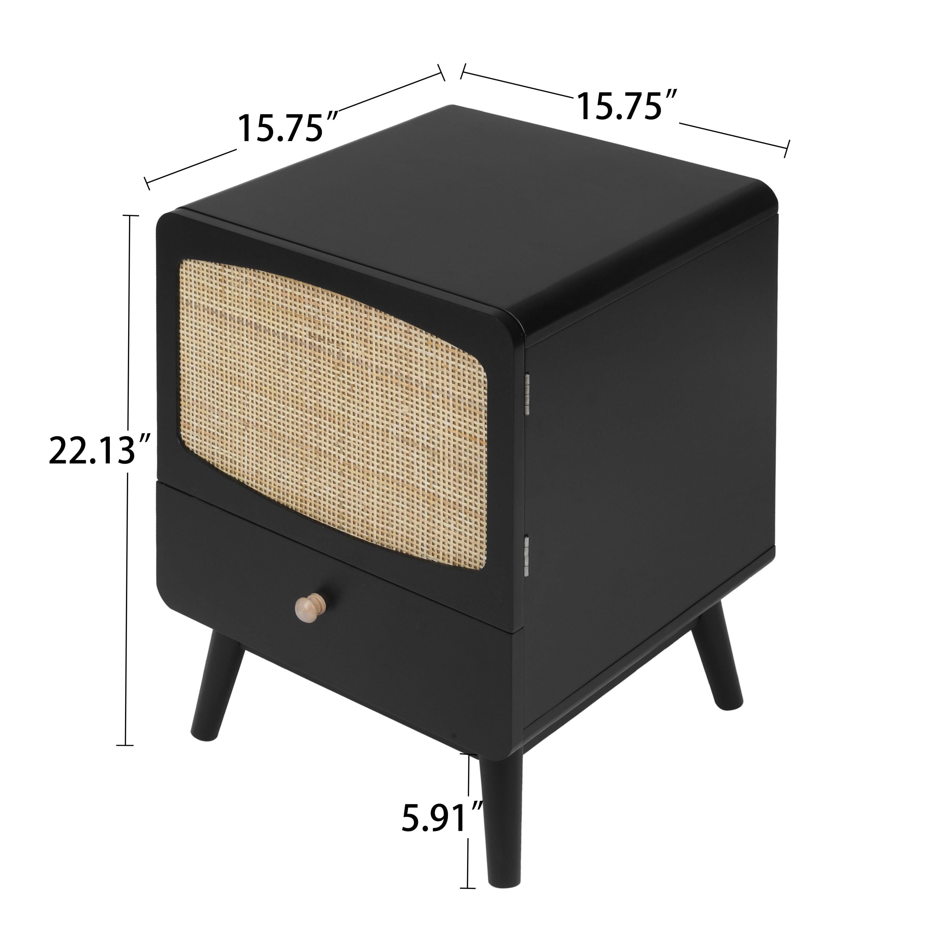 Black Nightstand,  Bedside Table withStorage Drawe/ Rattan Door