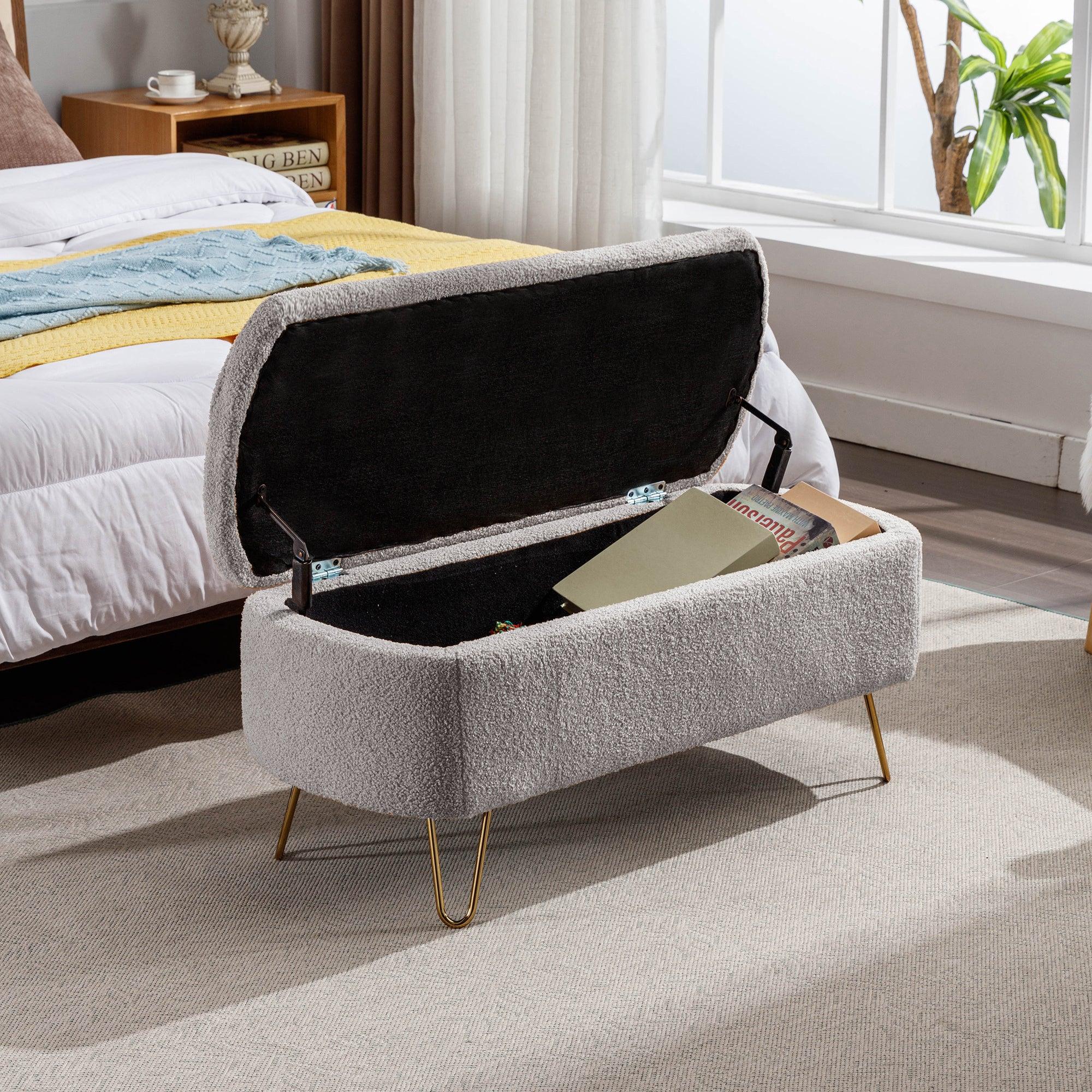 GreyStorage Ottoman Bench for End of Bed Gold Legs,Modern Grey Faux Fur Entryway Bench Upholstered Padded withStorage for Living Room Bedroom