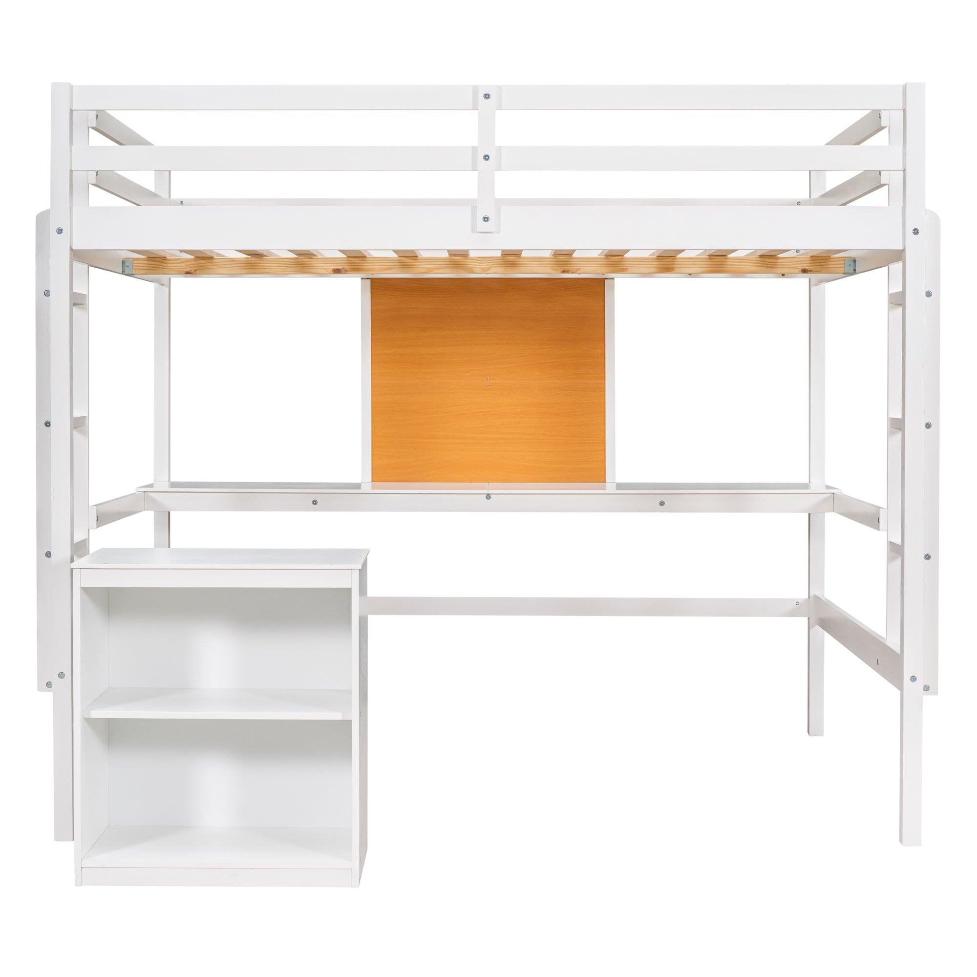 Twin size Loft Bed with Desk and Writing Board, Wooden Loft Bed with Desk & 2 Drawers Cabinet- White