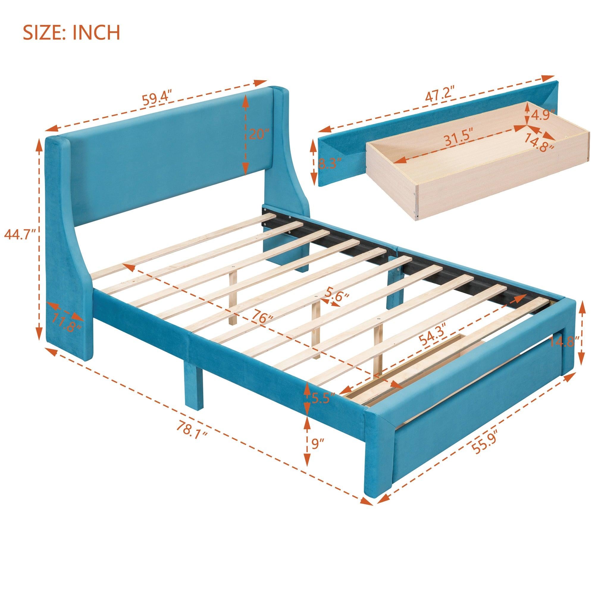 Full SizeStorage Bed Velvet Upholstered Platform Bed with a Big Drawer - Blue