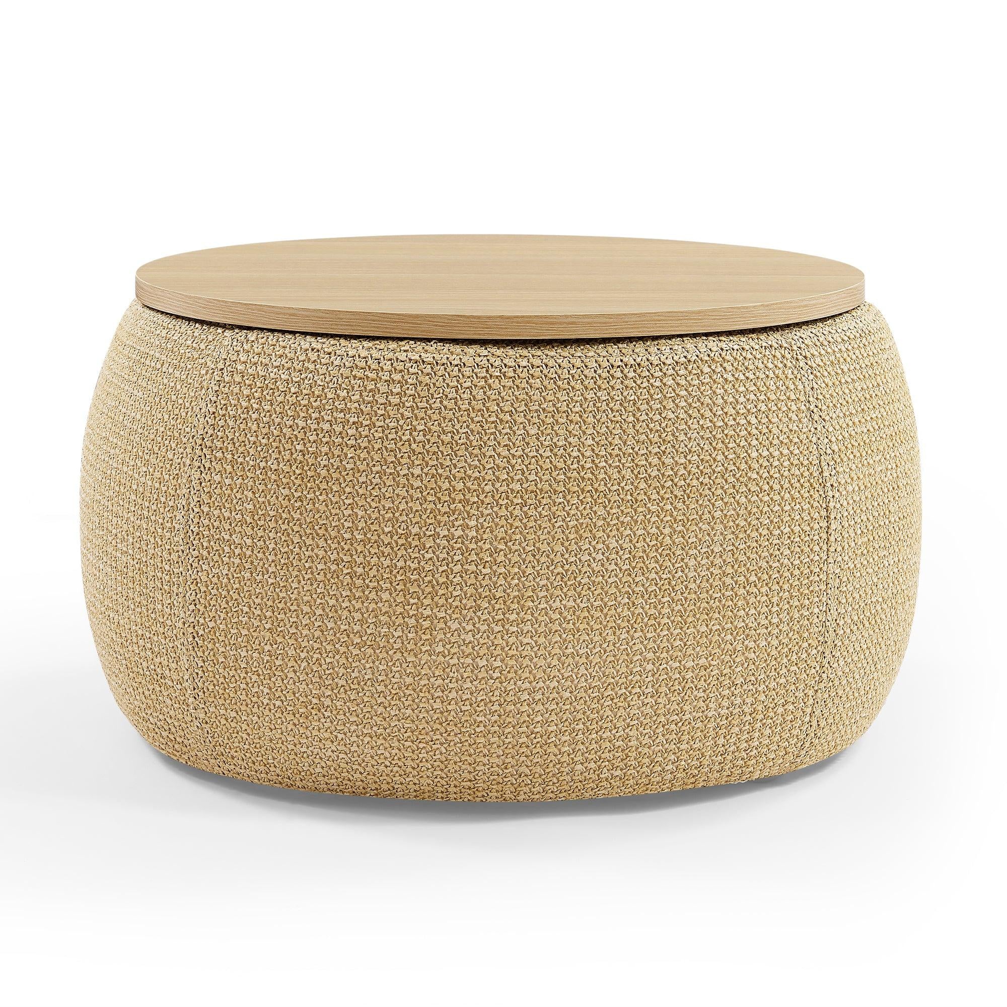 RoundStorage Ottoman, 2 in 1 Function, Work as End table and Ottoman, Natural (25.5"x25.5"x14.5")