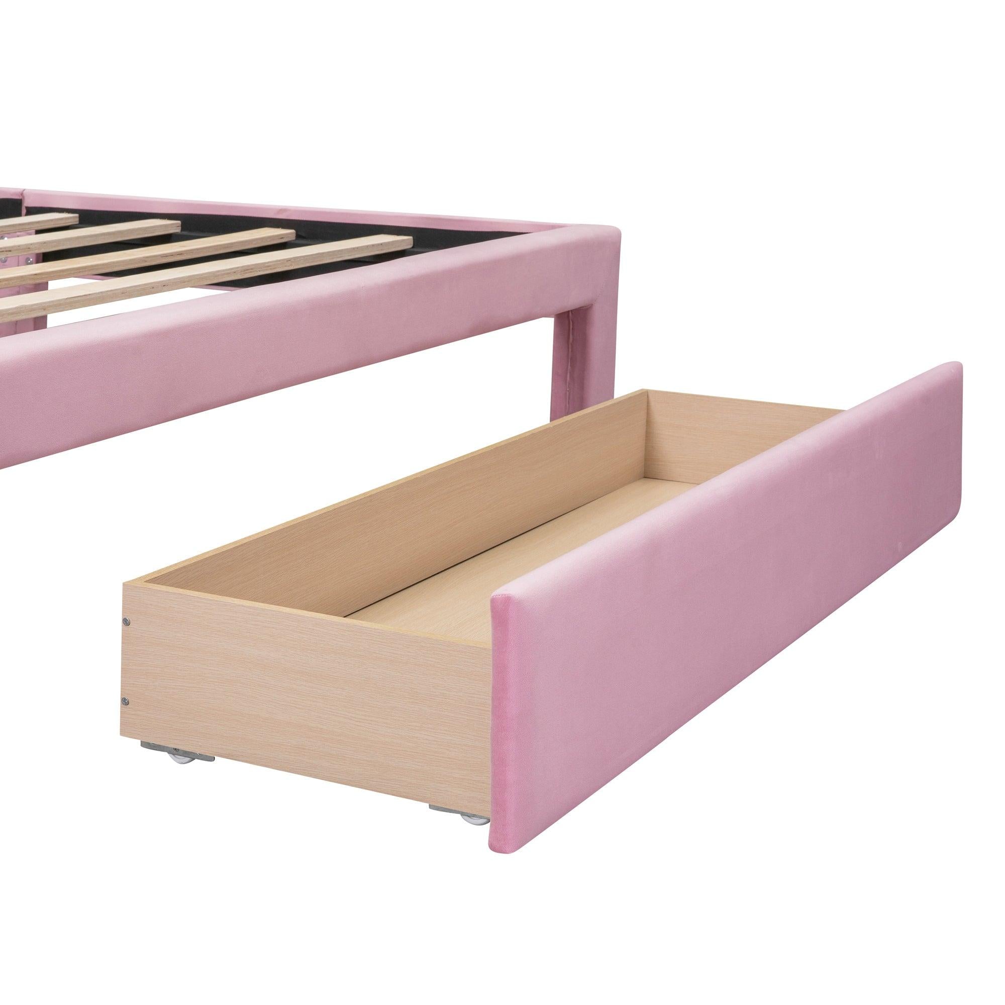 Queen SizeStorage Bed Velvet Upholstered Platform Bed with a Big Drawer - Pink