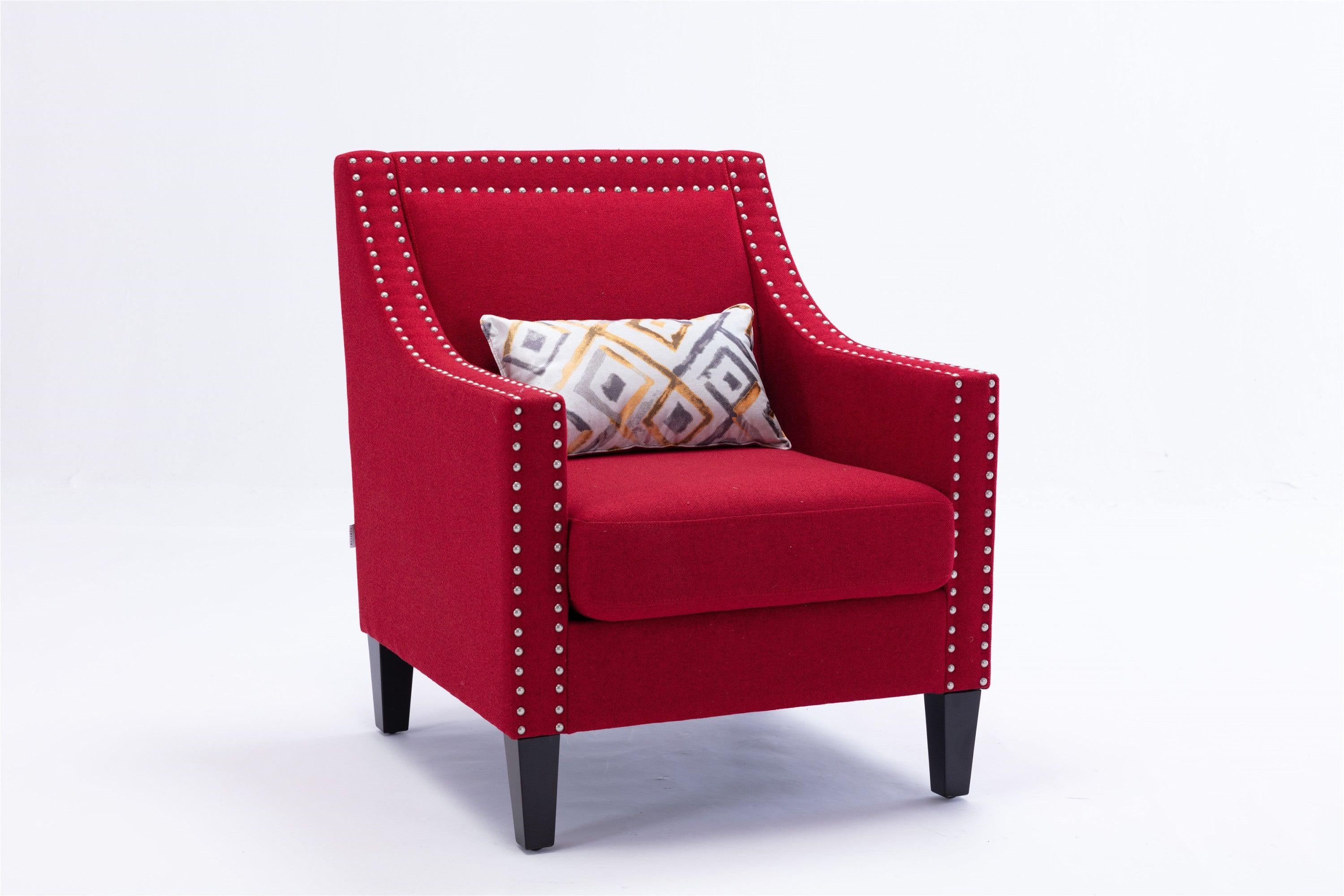 accent armchair living room chair  with nailheads and solid wood legs  Red Linen