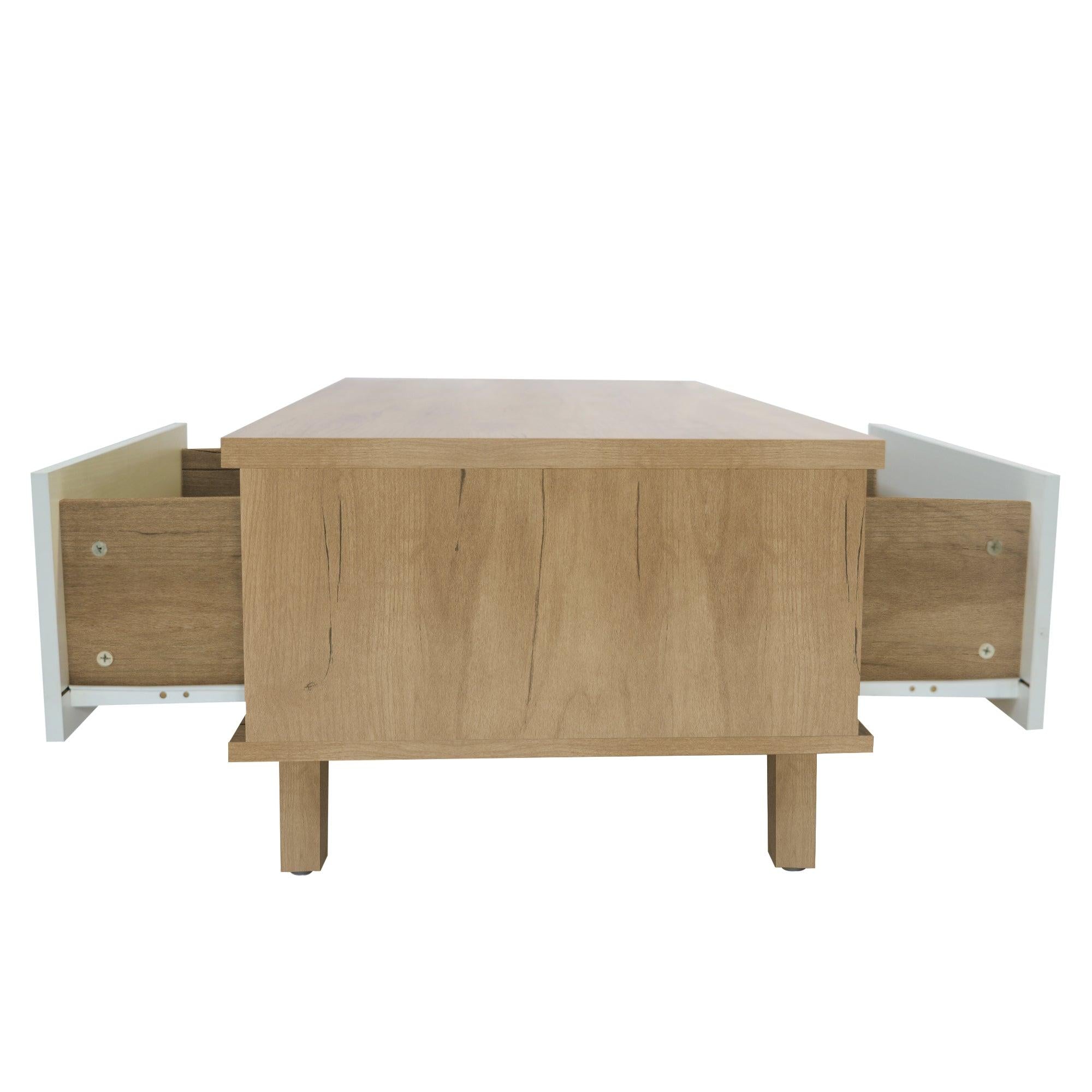 COFFEE TABLE，computer table, wood+white color, solid wood handles and legs, two drawers