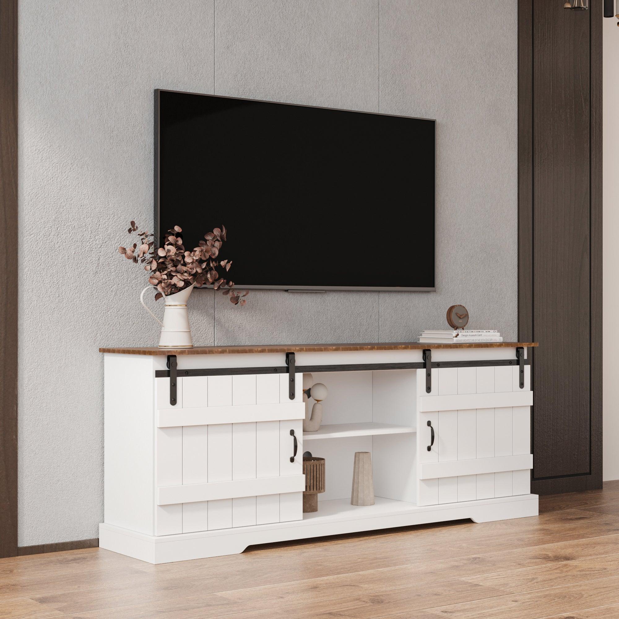 Farmhouse Sliding white Barn Door TV Stand for 80 inch TV Stands，OpenStorage Cabinet for Living Room Bedroom